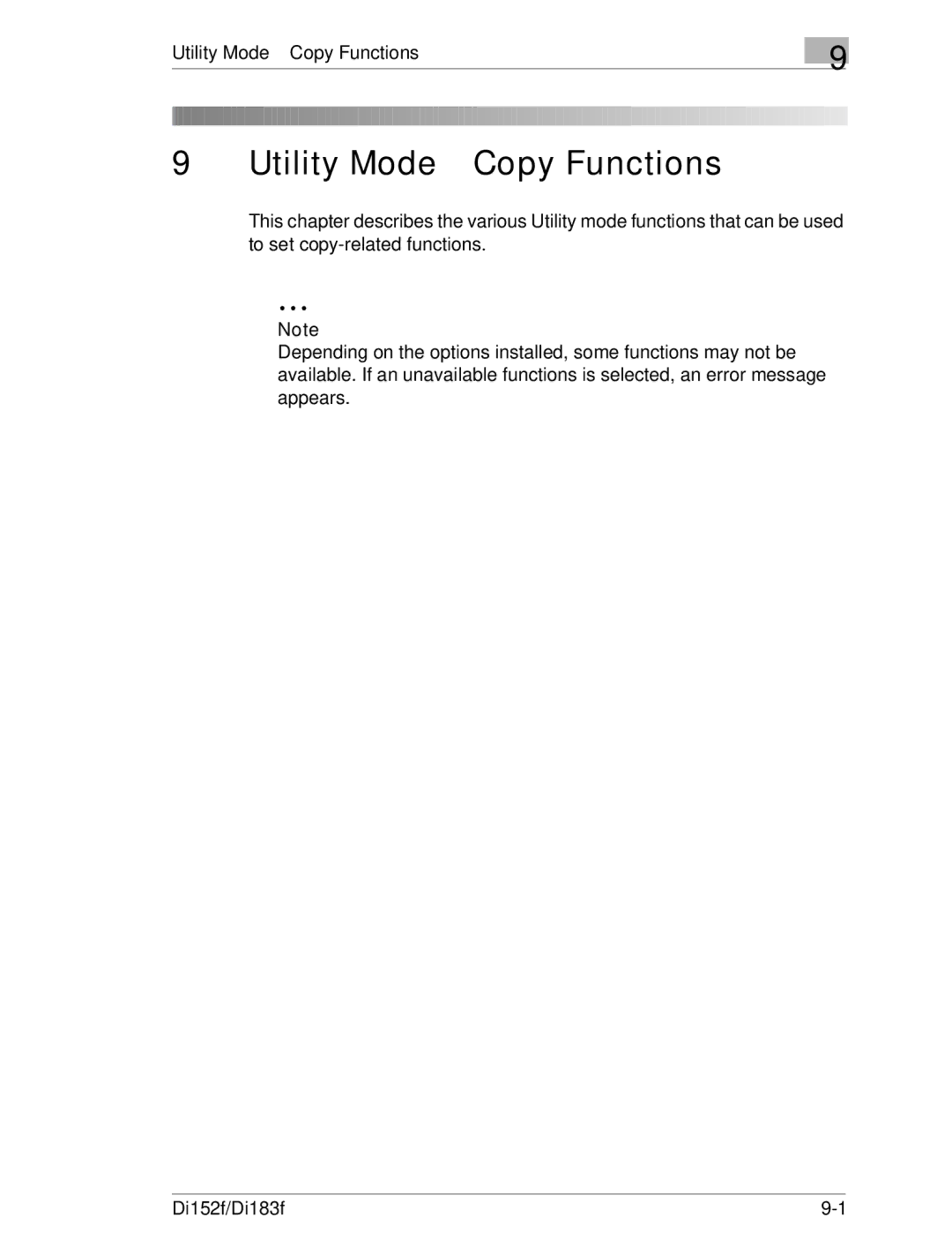 Minolta Di152 183 manual Utility Mode Copy Functions 