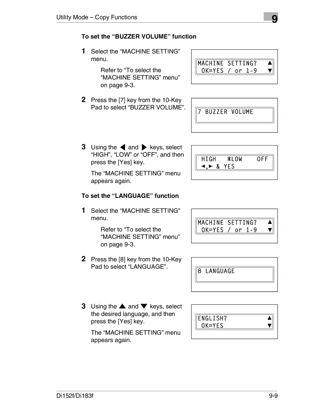 Minolta Di152 183 manual To set the Buzzer Volume function, To set the Language function 