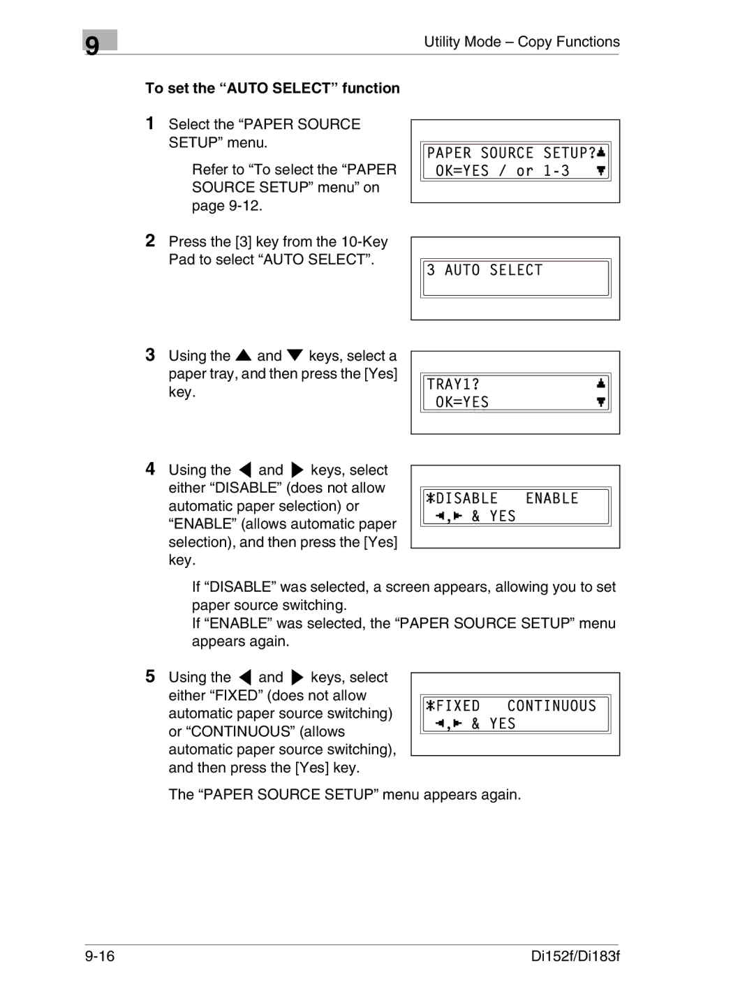 Minolta Di152 183 manual To set the Auto Select function 