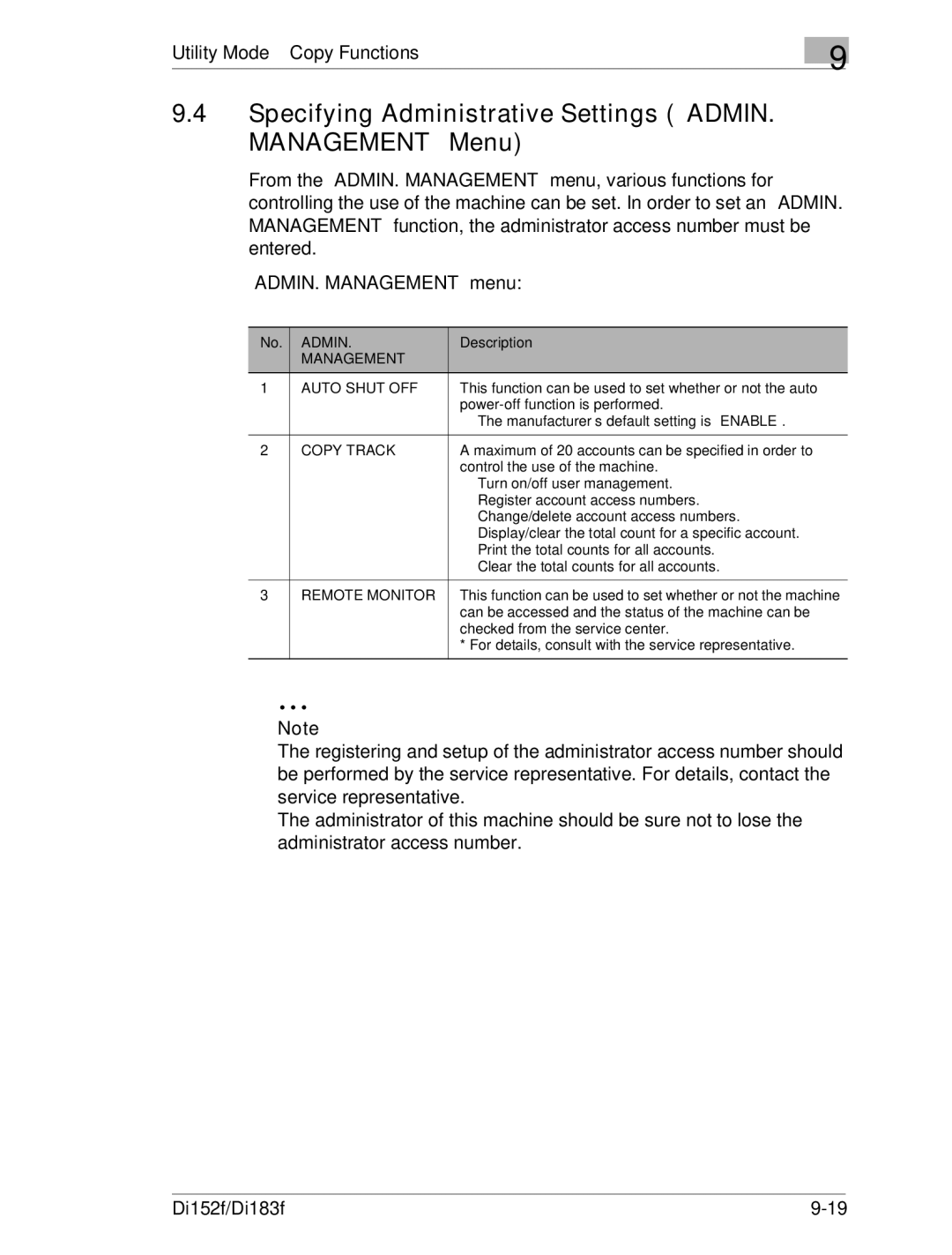 Minolta Di152 183 manual Specifying Administrative Settings ADMIN. Management Menu, Management Auto Shut OFF, Copy Track 