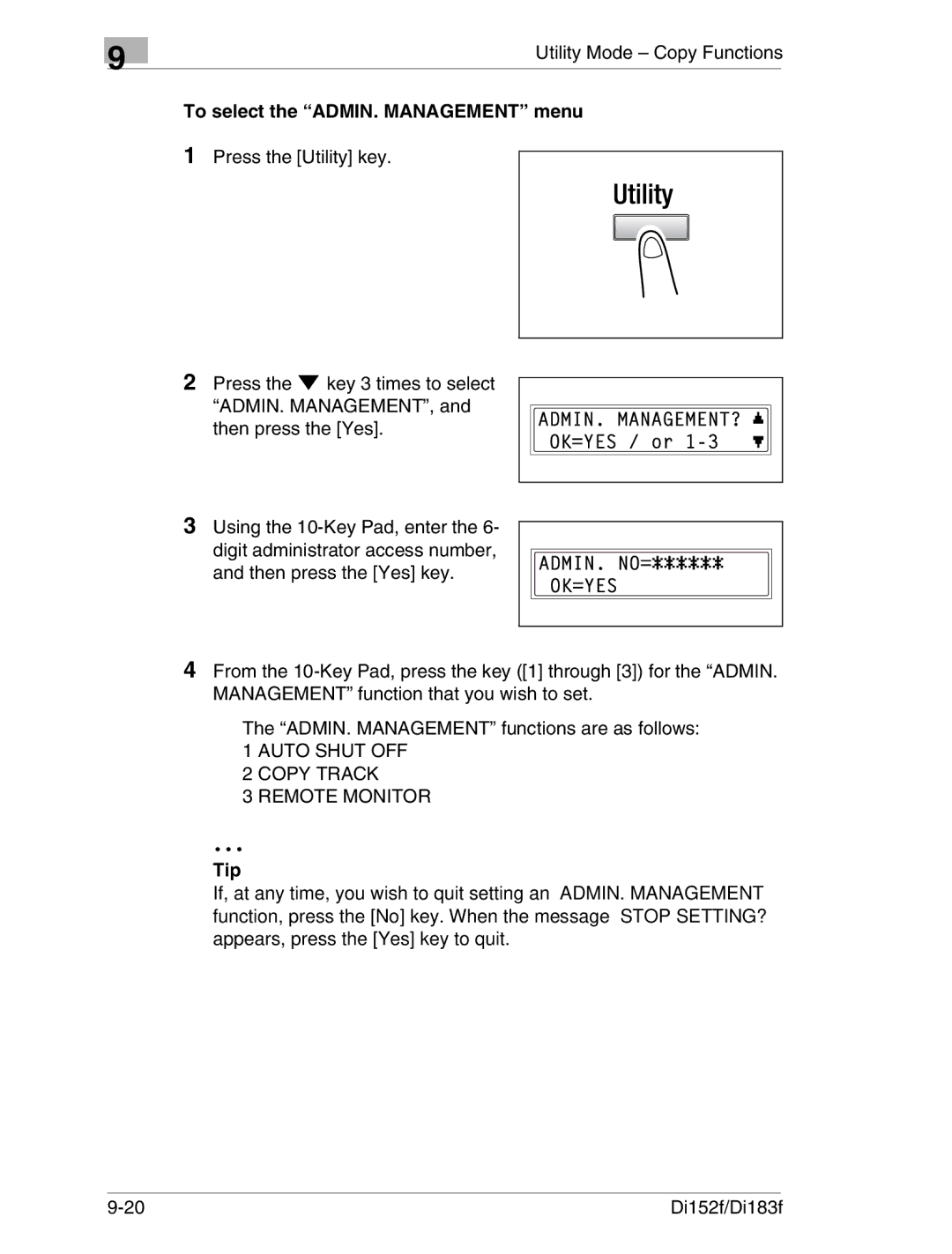 Minolta Di152 183 manual To select the ADMIN. Management menu, Tip 