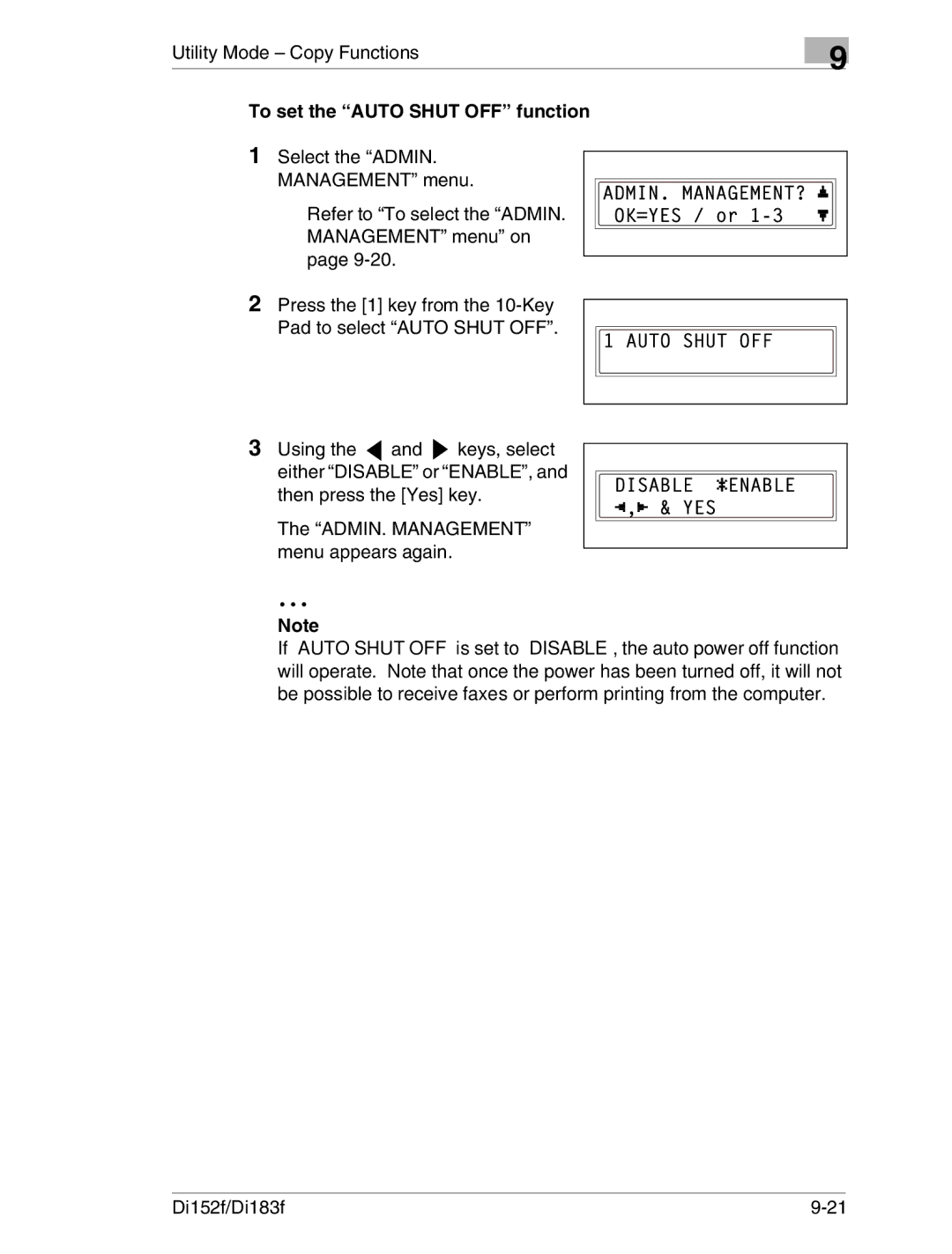 Minolta Di152 183 manual To set the Auto Shut OFF function 