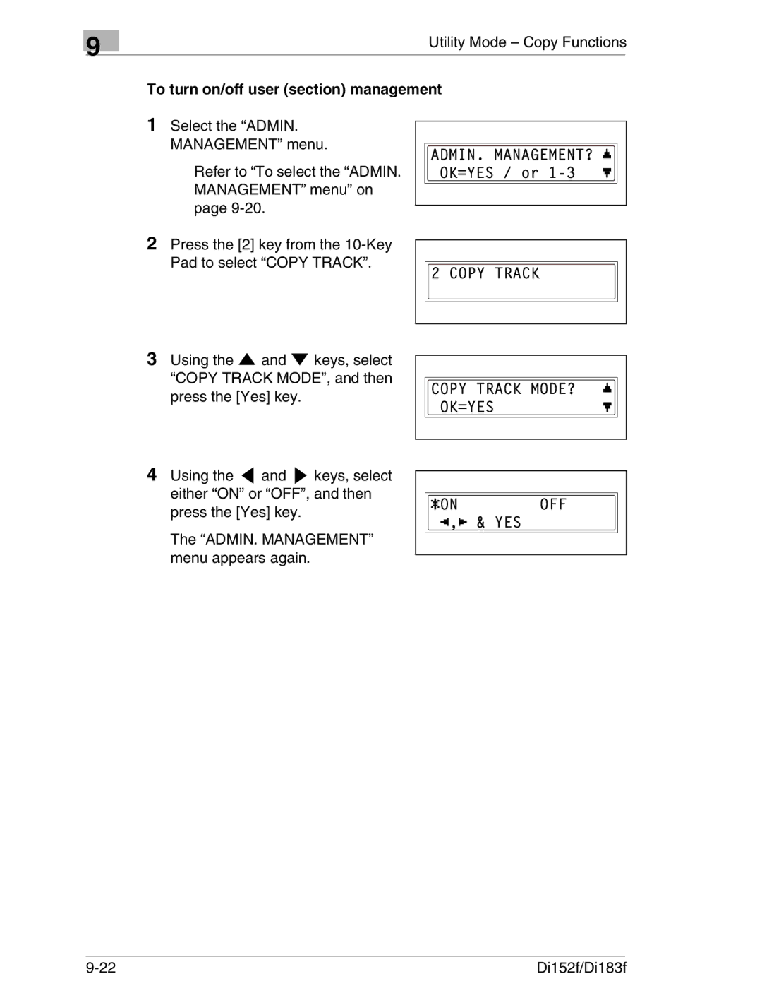 Minolta Di152 183 manual To turn on/off user section management 