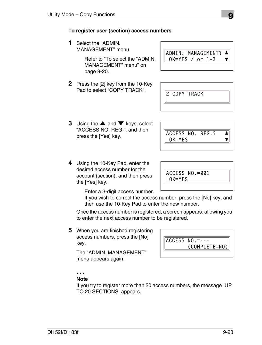 Minolta Di152 183 manual To register user section access numbers 