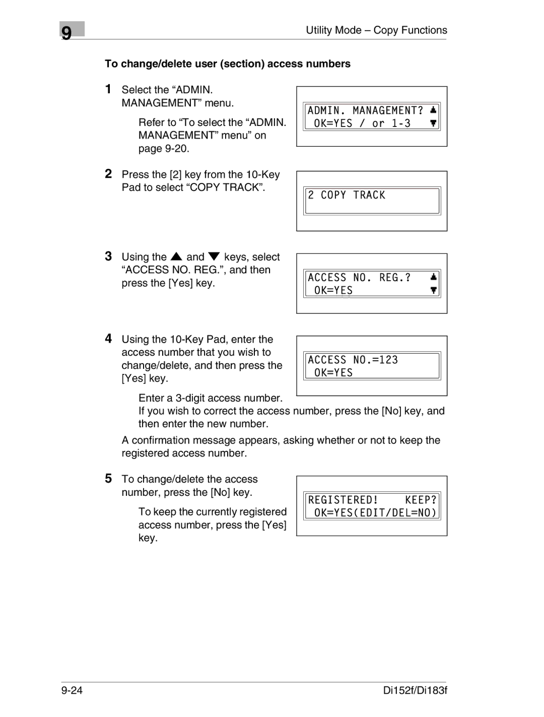 Minolta Di152 183 manual To change/delete user section access numbers 