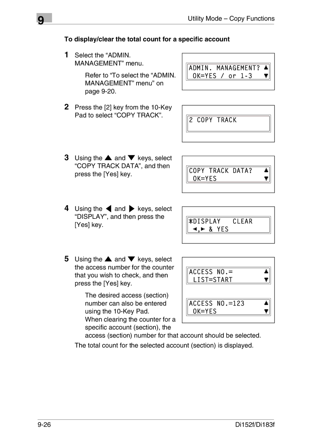 Minolta Di152 183 manual To display/clear the total count for a specific account 