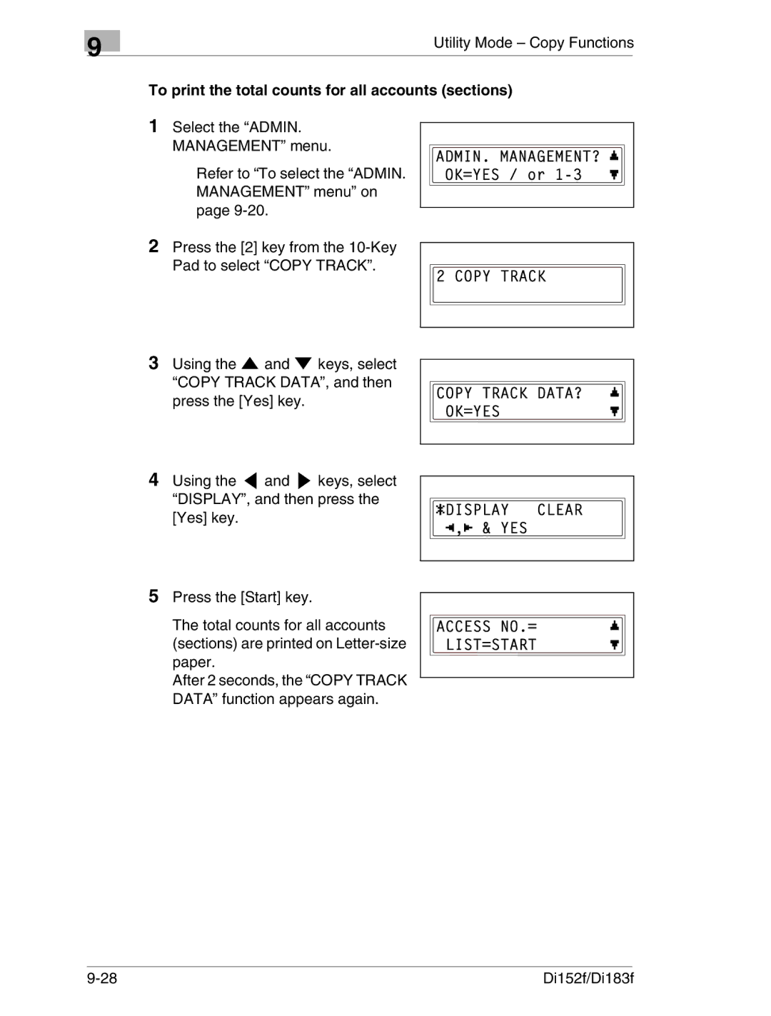 Minolta Di152 183 manual To print the total counts for all accounts sections 