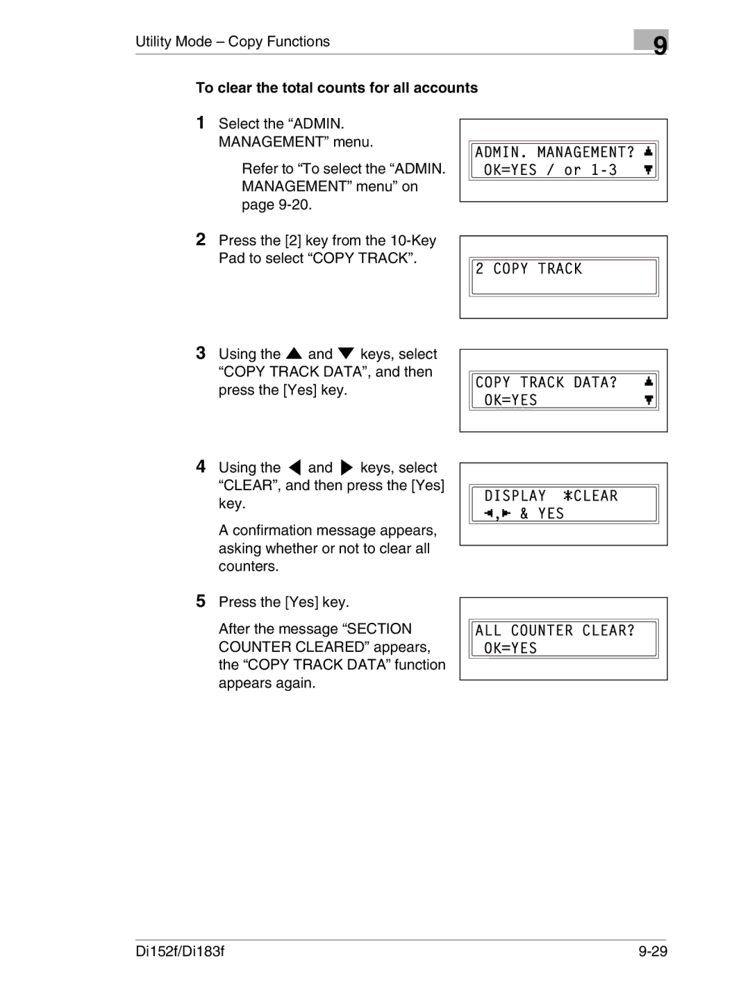 Minolta Di152 183 manual To clear the total counts for all accounts 