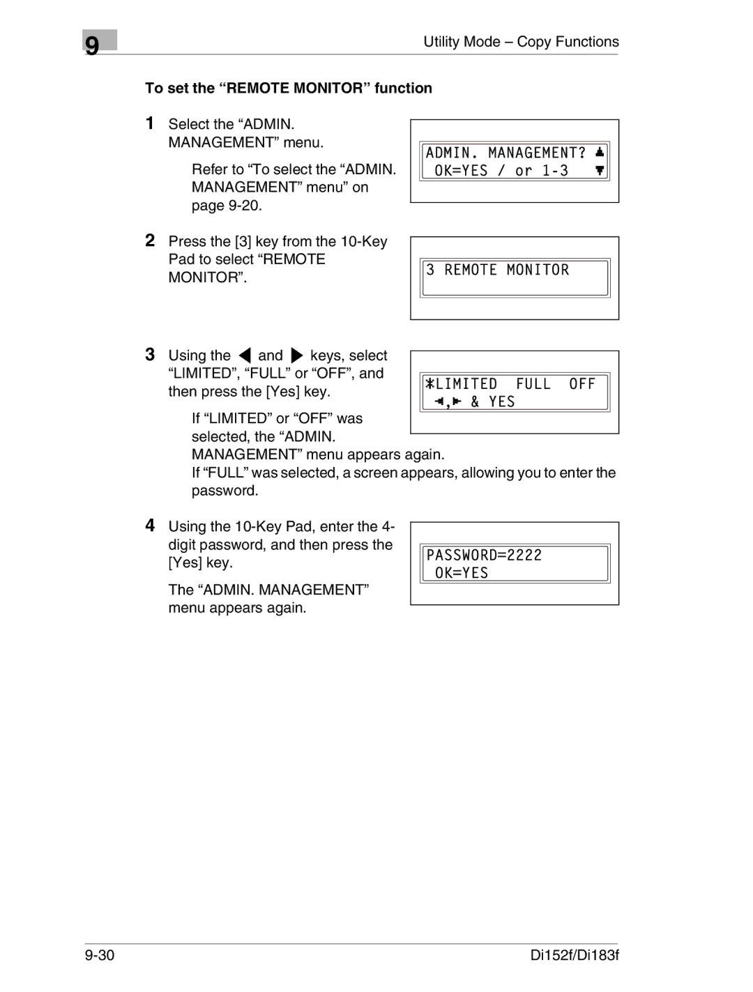 Minolta Di152 183 manual To set the Remote Monitor function 