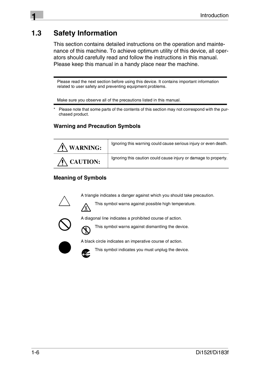 Minolta Di152 183 manual Safety Information, Meaning of Symbols 