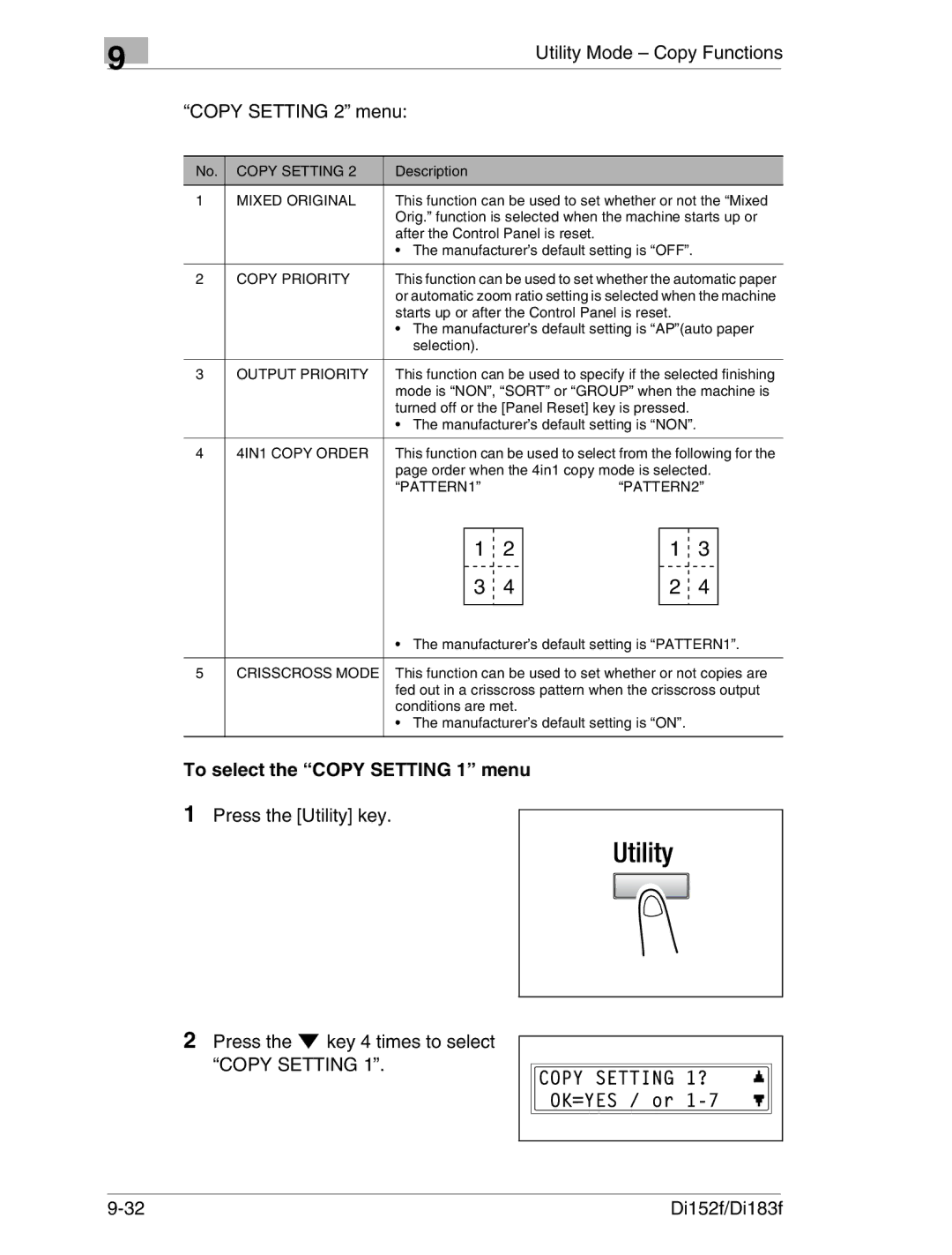 Minolta Di152 183 manual Utility Mode Copy Functions Copy Setting 2 menu, To select the Copy Setting 1 menu 