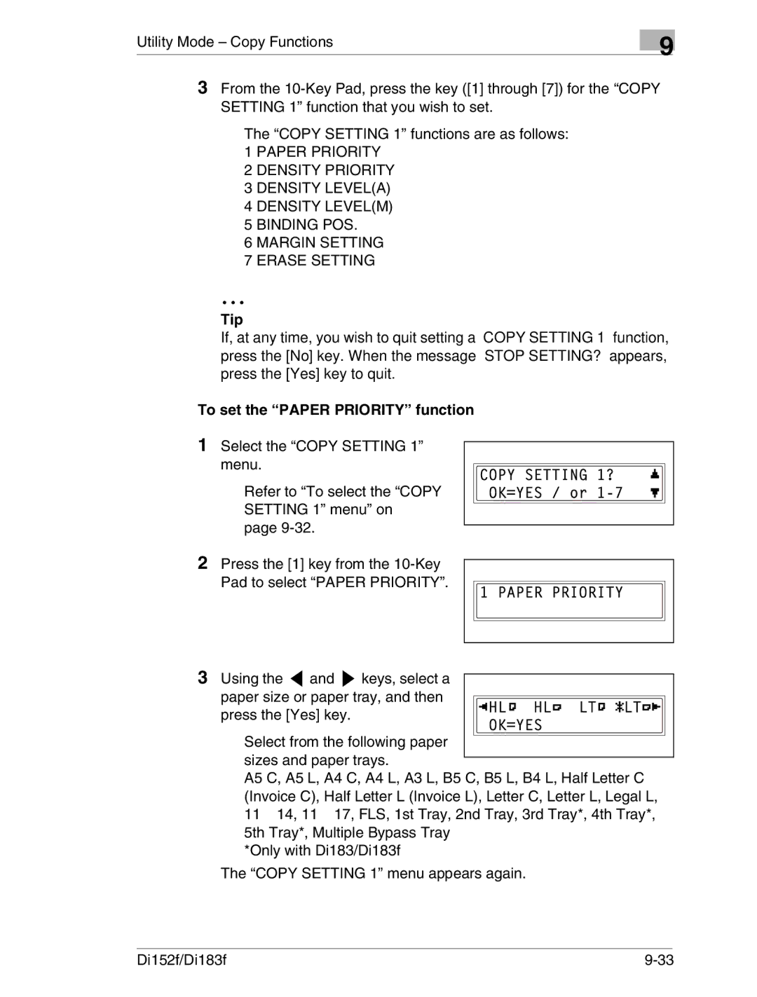 Minolta Di152 183 manual Tip, To set the Paper Priority function 