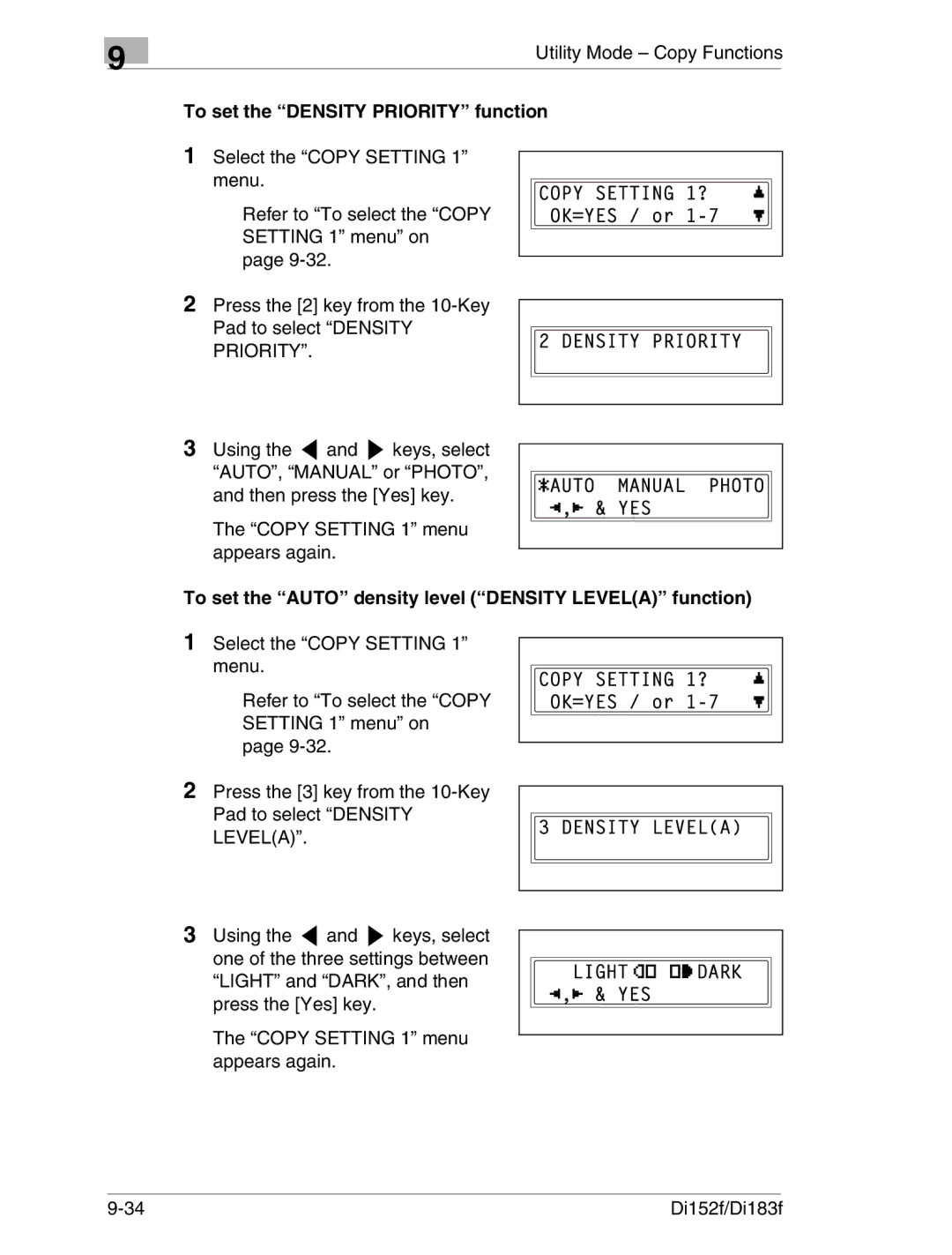 Minolta Di152 183 manual To set the Density Priority function, To set the Auto density level Density Levela function 