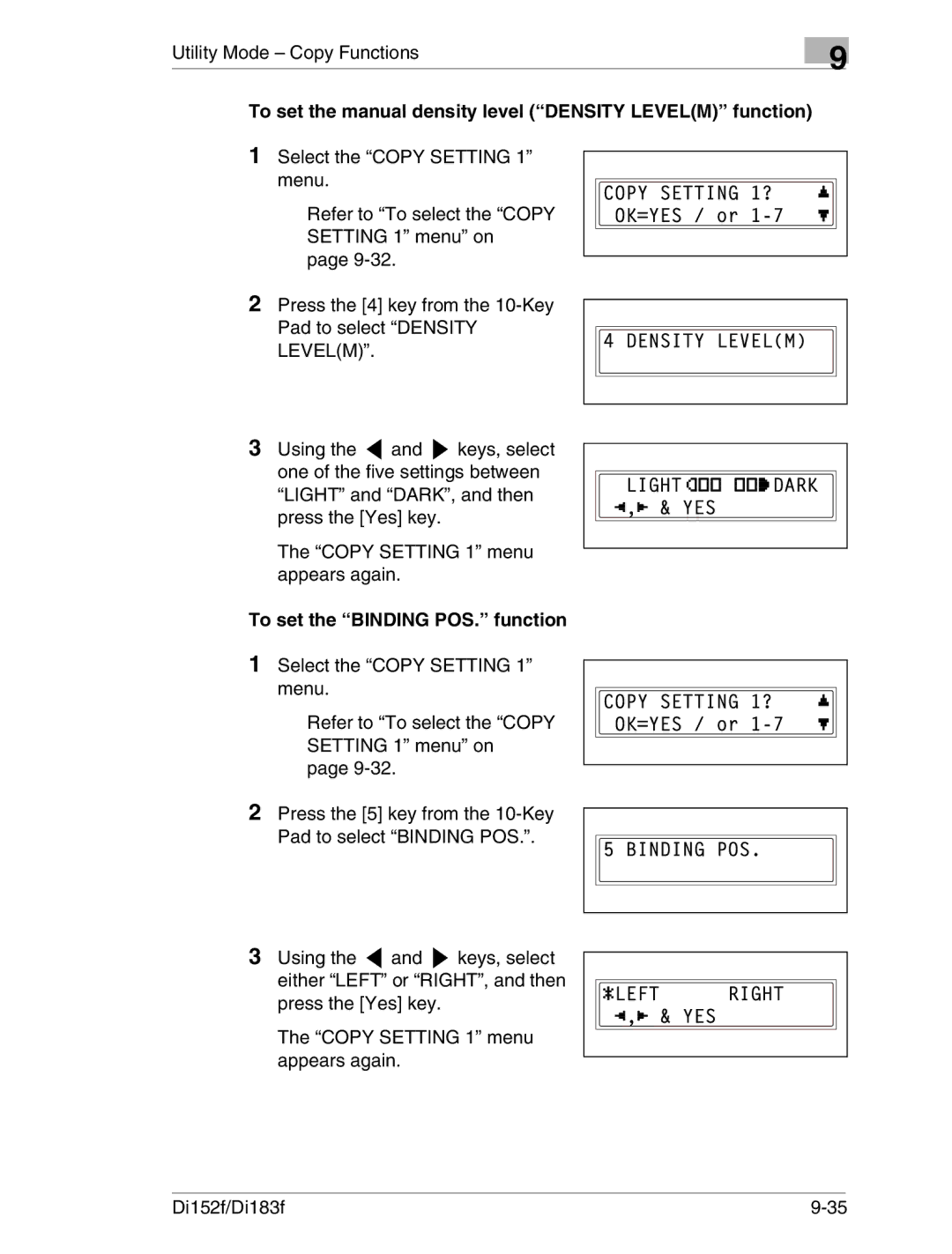 Minolta Di152 183 To set the manual density level Density Levelm function, To set the Binding POS. function 