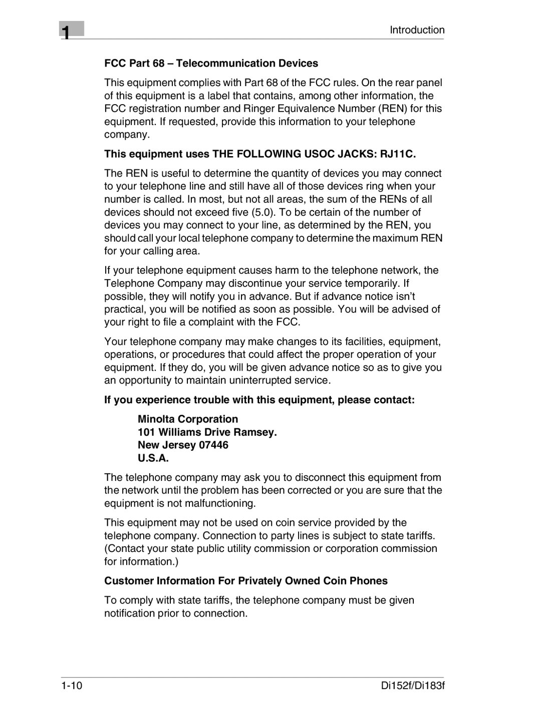 Minolta Di152 183 manual FCC Part 68 Telecommunication Devices, This equipment uses the Following Usoc Jacks RJ11C 