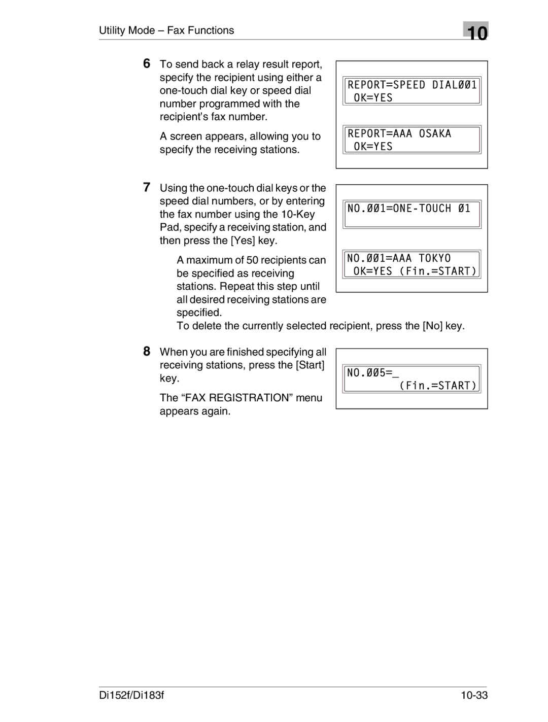 Minolta Di152 183 manual Key FAX Registration menu appears again Di152f/Di183f 10-33 