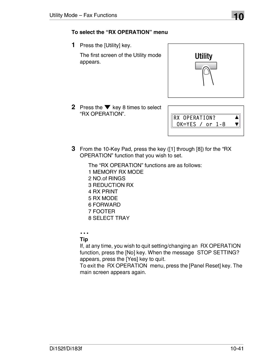 Minolta Di152 183 manual To select the RX Operation menu, NO.of Rings, Di152f/Di183f 10-41 