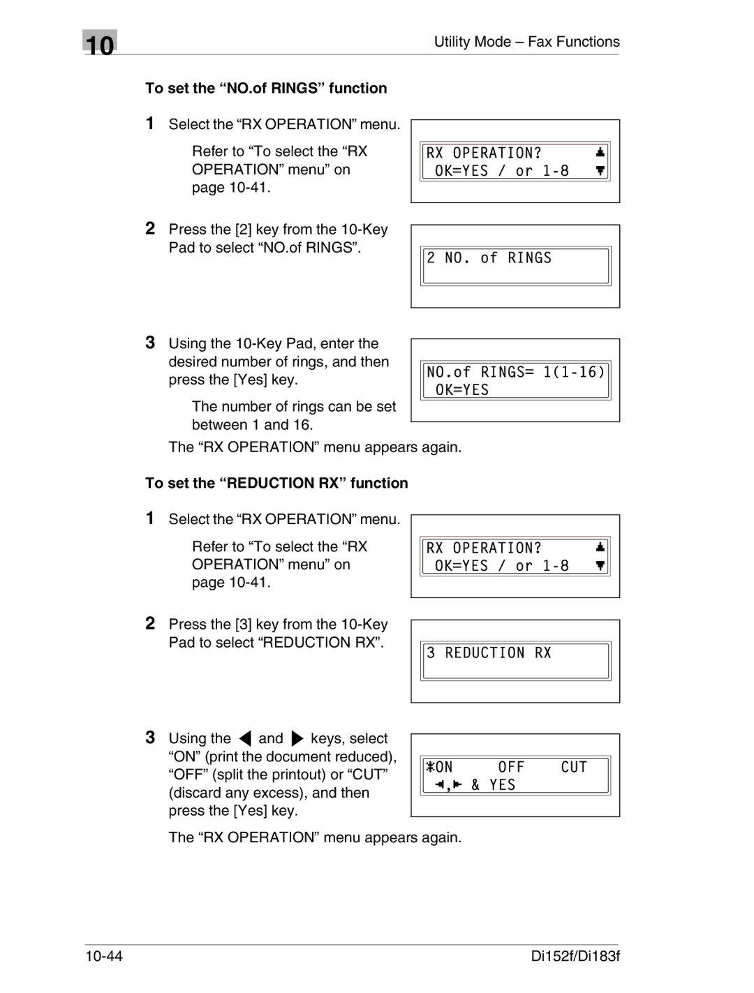 Minolta Di152 183 manual To set the NO.of Rings function, To set the Reduction RX function 