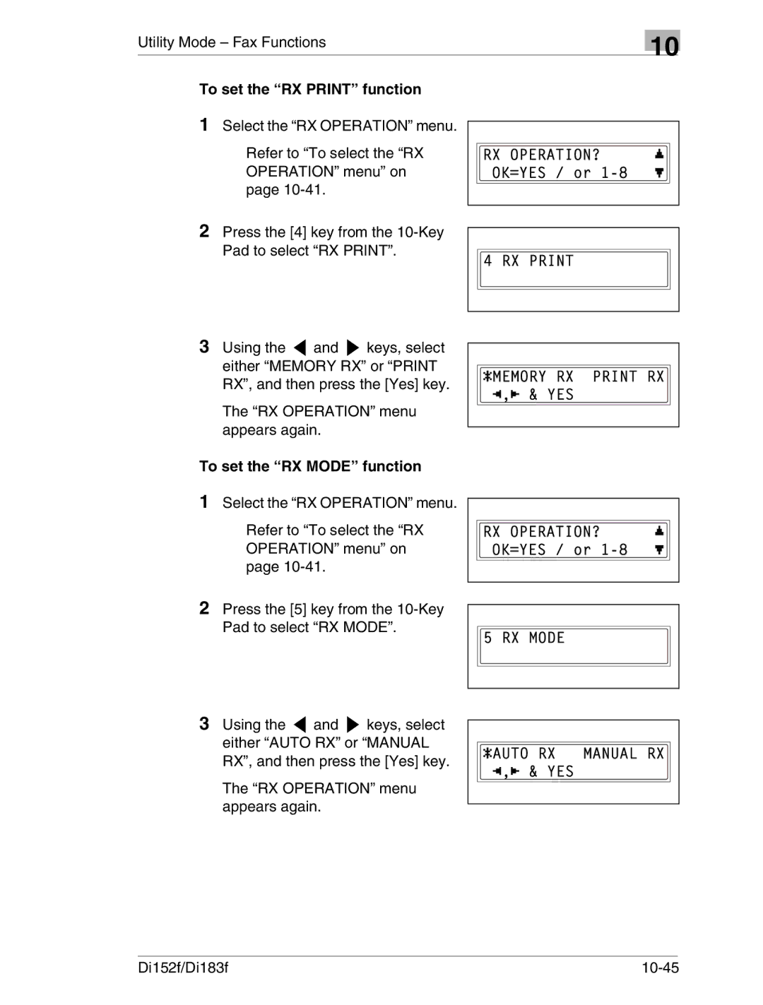 Minolta Di152 183 manual To set the RX Print function, To set the RX Mode function 