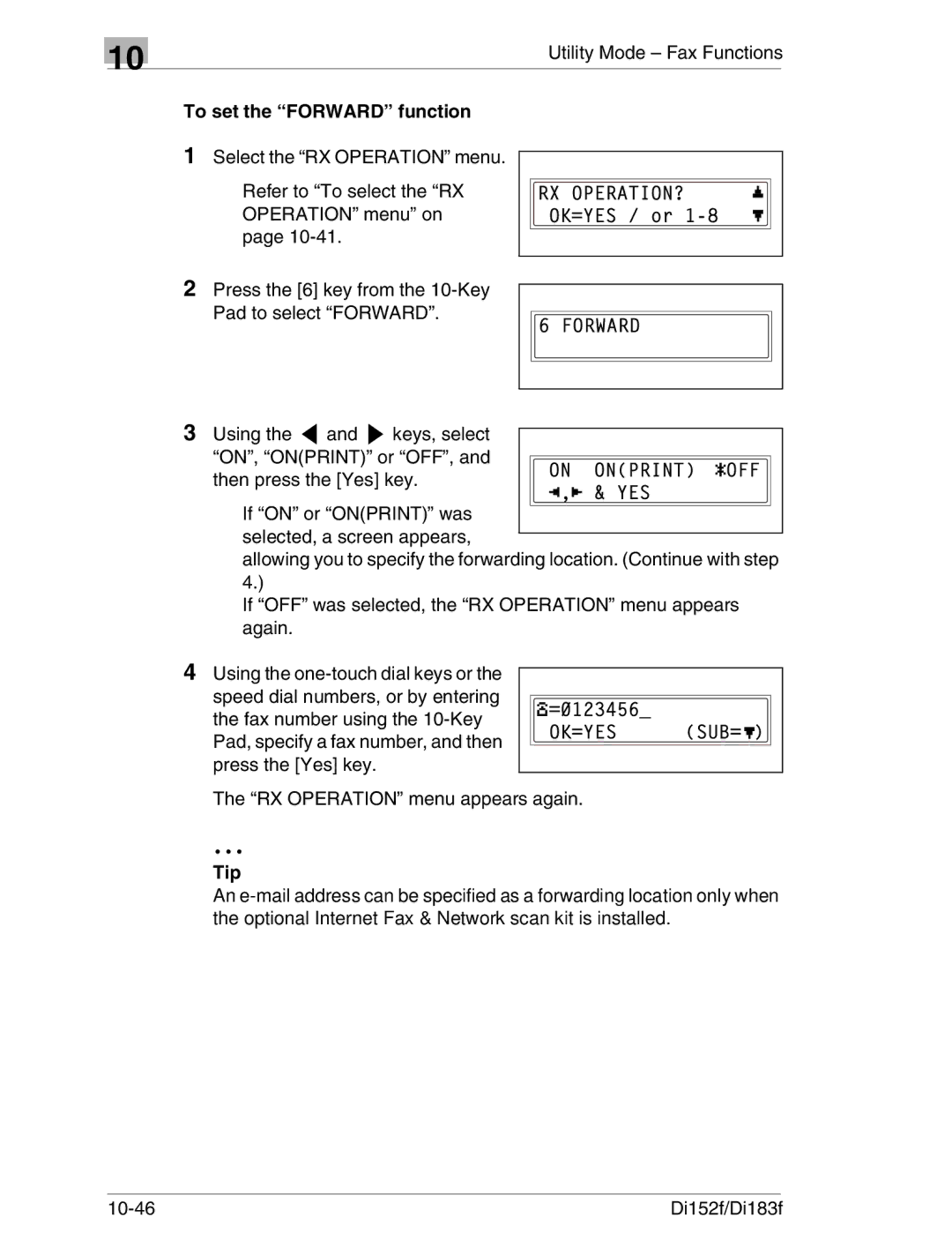 Minolta Di152 183 manual To set the Forward function, Tip 