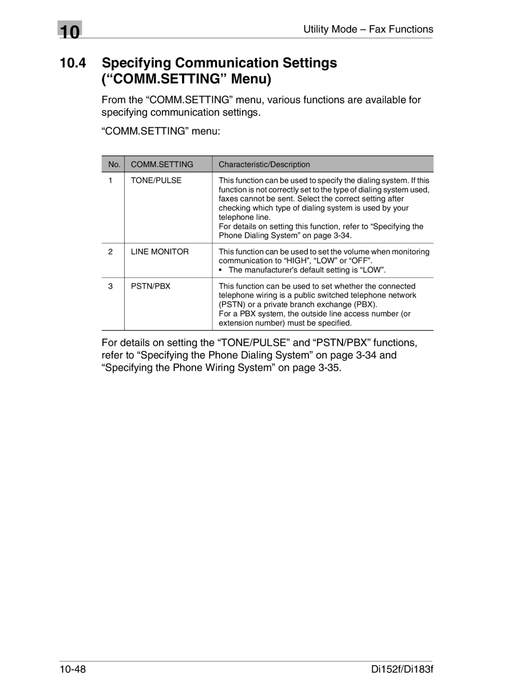 Minolta Di152 183 Specifying Communication Settings COMM.SETTING Menu, Comm.Setting, Tone/Pulse, Line Monitor, Pstn/Pbx 