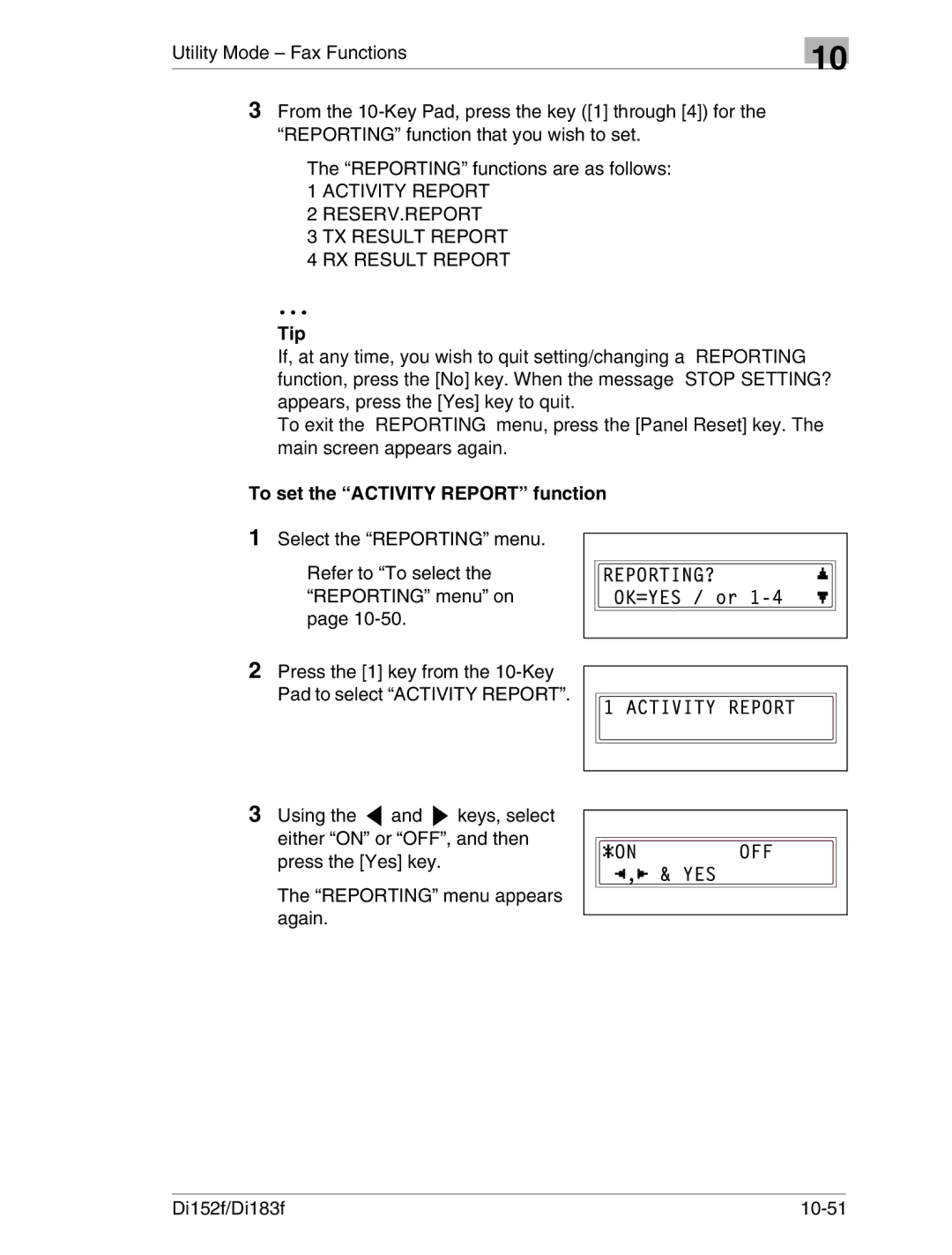 Minolta Di152 183 manual Tip, To set the Activity Report function 