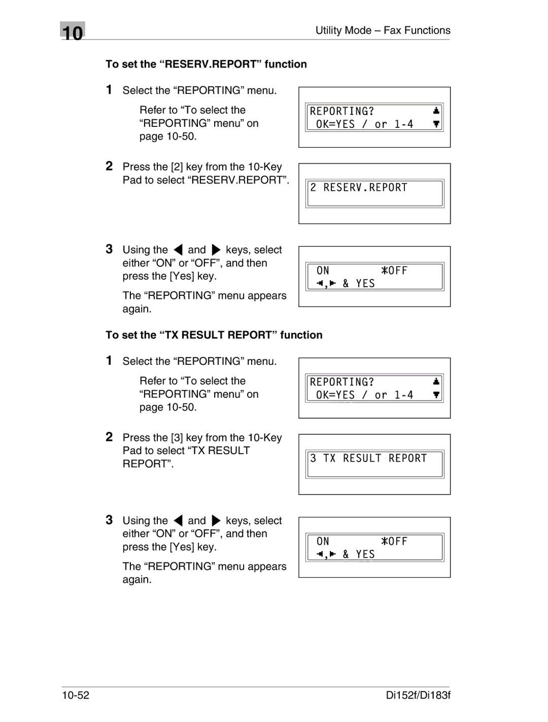 Minolta Di152 183 manual To set the RESERV.REPORT function, To set the TX Result Report function 