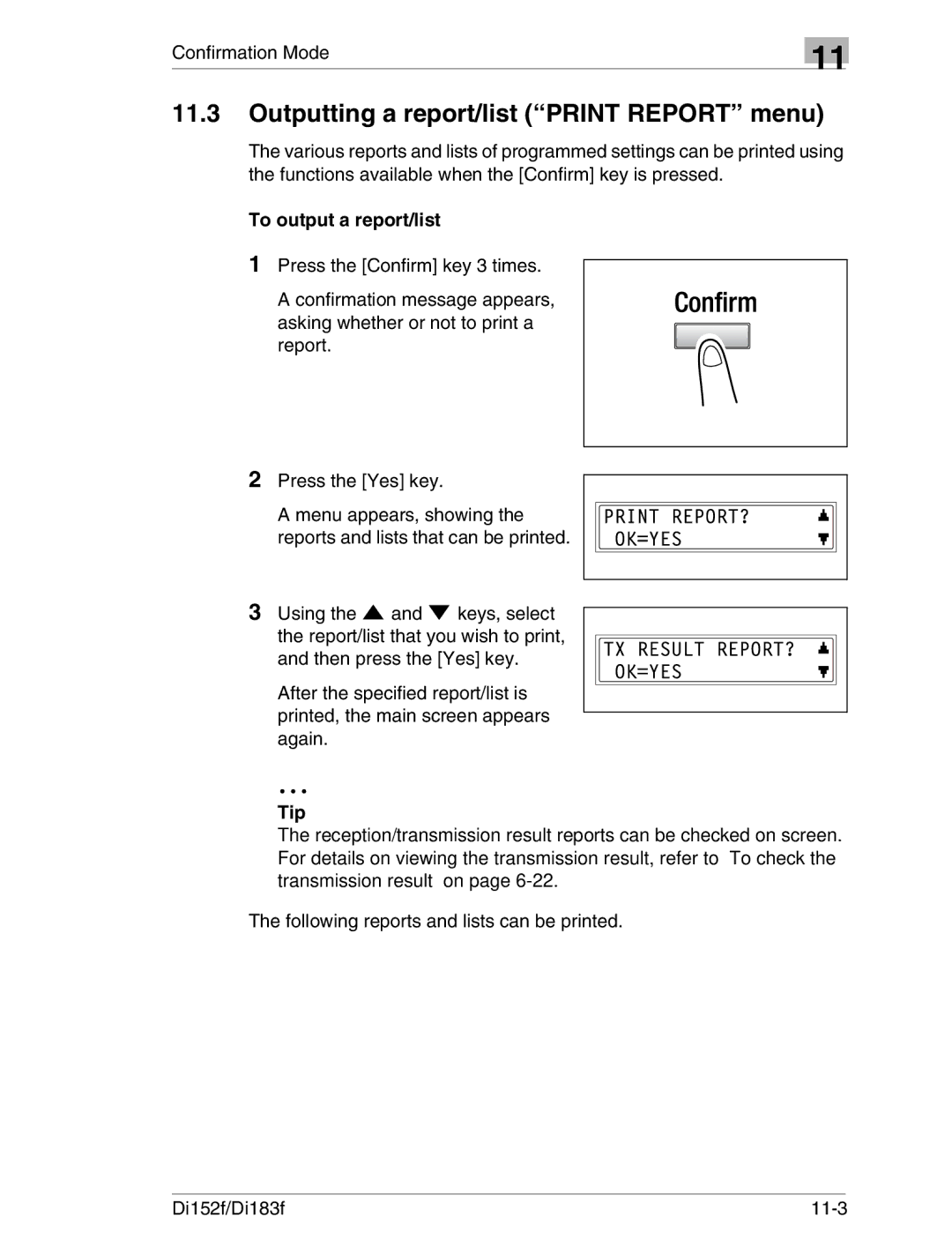 Minolta Di152 183 manual Outputting a report/list Print Report menu, To output a report/list 