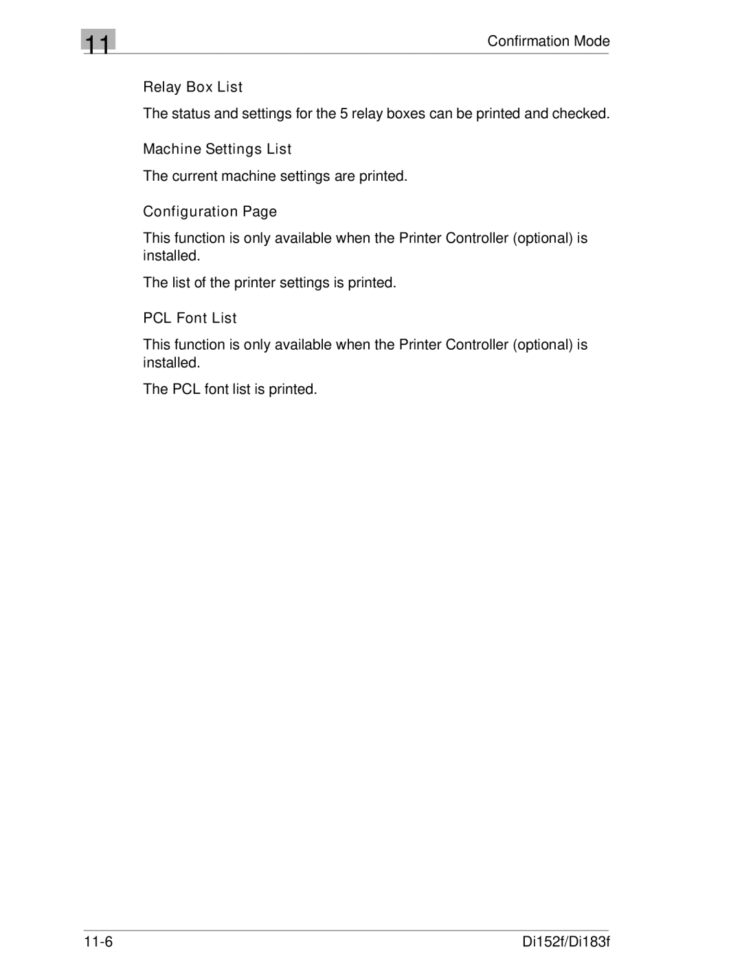 Minolta Di152 183 manual Relay Box List, Machine Settings List, Current machine settings are printed, Configuration 