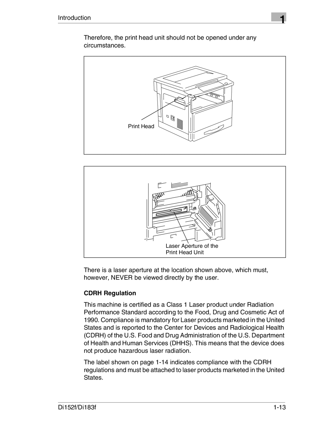 Minolta Di152 183 manual Cdrh Regulation 