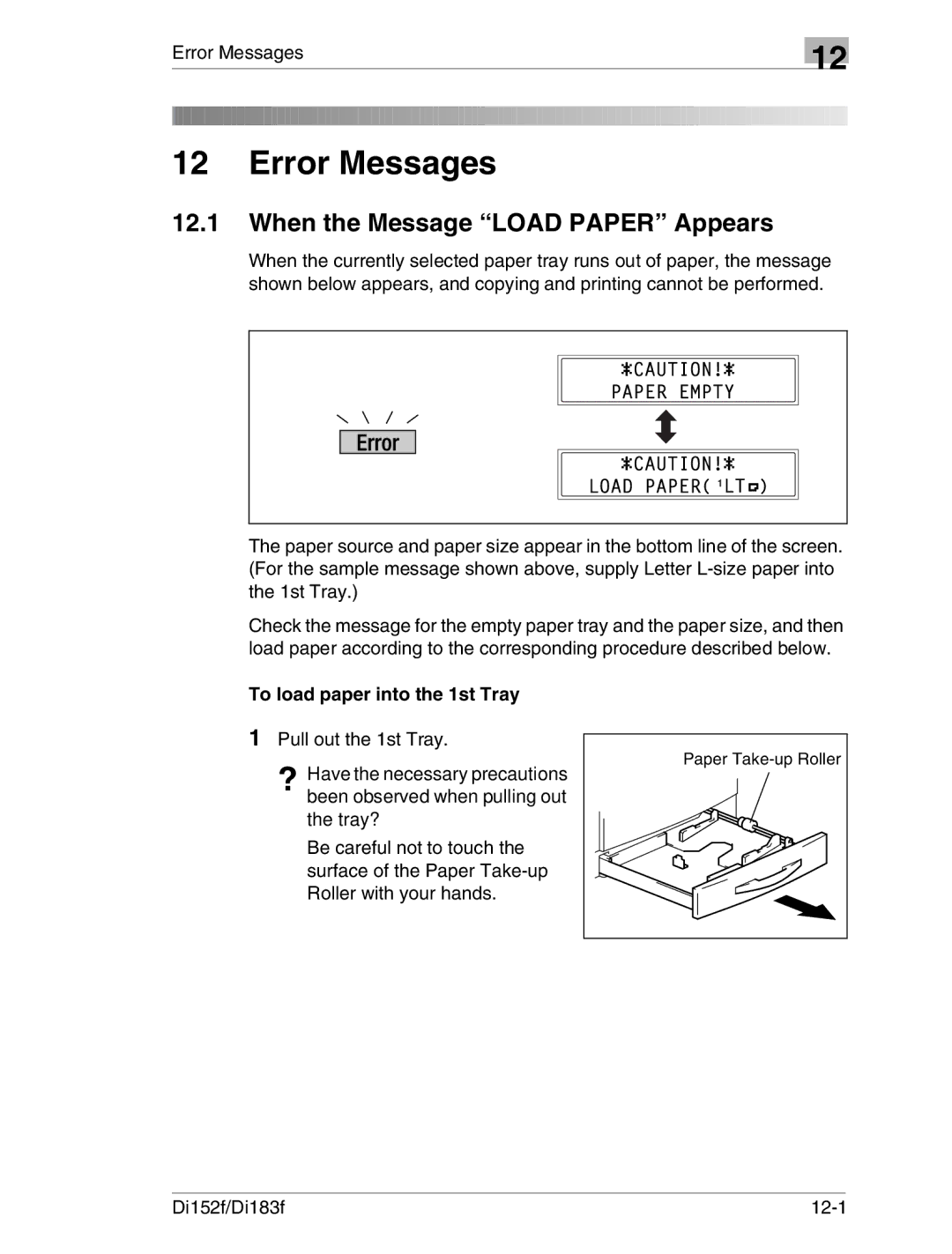 Minolta Di152 183 When the Message Load Paper Appears, Error Messages, To load paper into the 1st Tray, Di152f/Di183f 12-1 