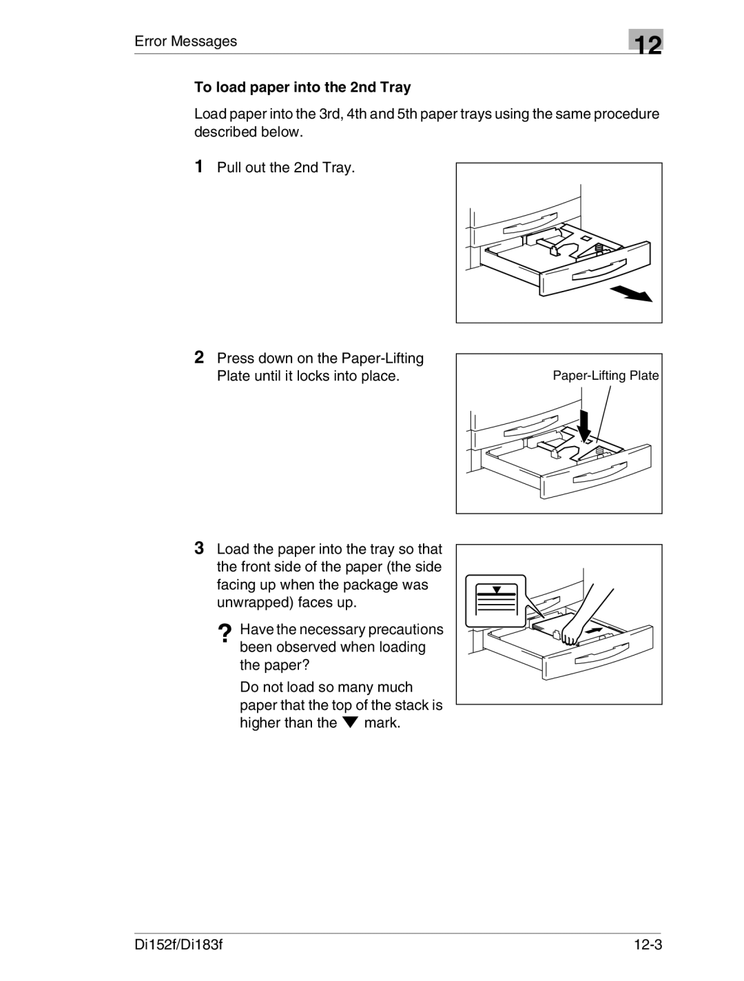 Minolta Di152 183 manual To load paper into the 2nd Tray 