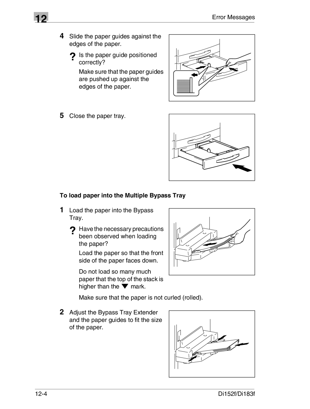 Minolta Di152 183 manual To load paper into the Multiple Bypass Tray, Load the paper into the Bypass Tray 