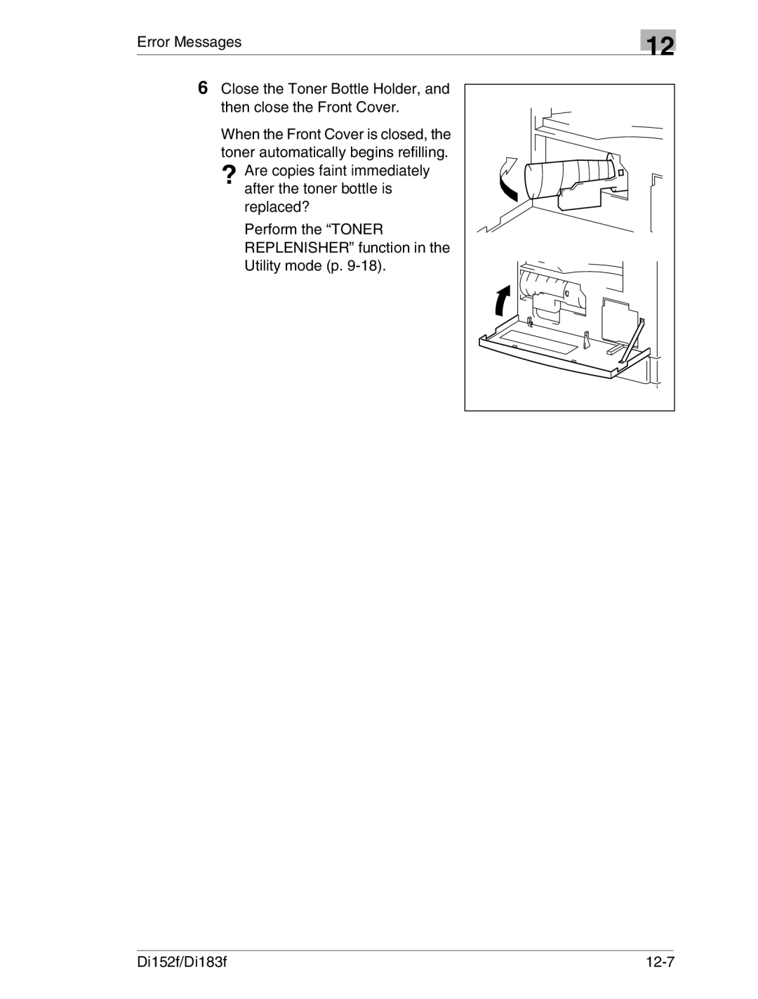 Minolta Di152 183 manual Perform the Toner, Replenisher function, Utility mode p, Di152f/Di183f 12-7 