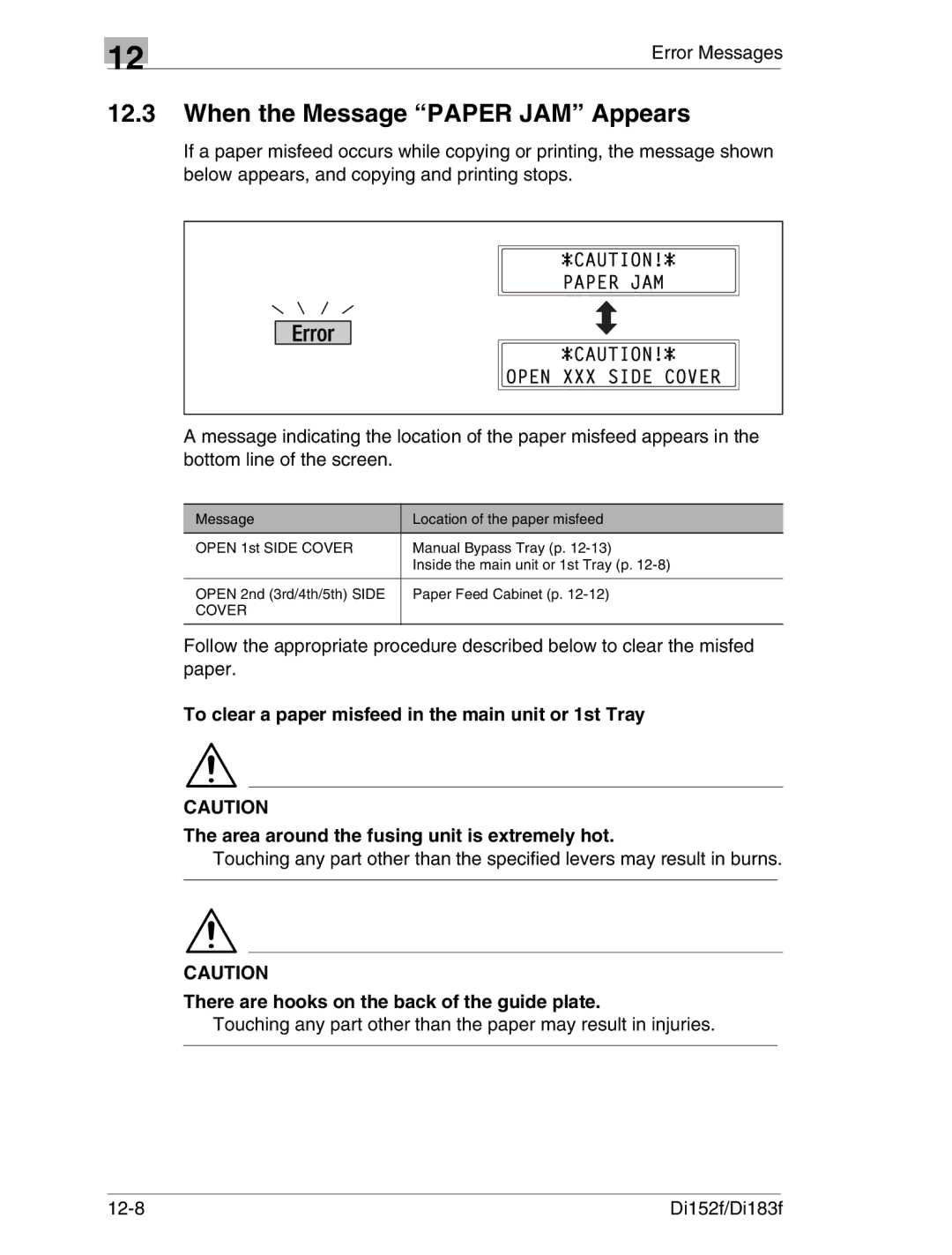 Minolta Di152 183 manual When the Message Paper JAM Appears, There are hooks on the back of the guide plate, Cover 