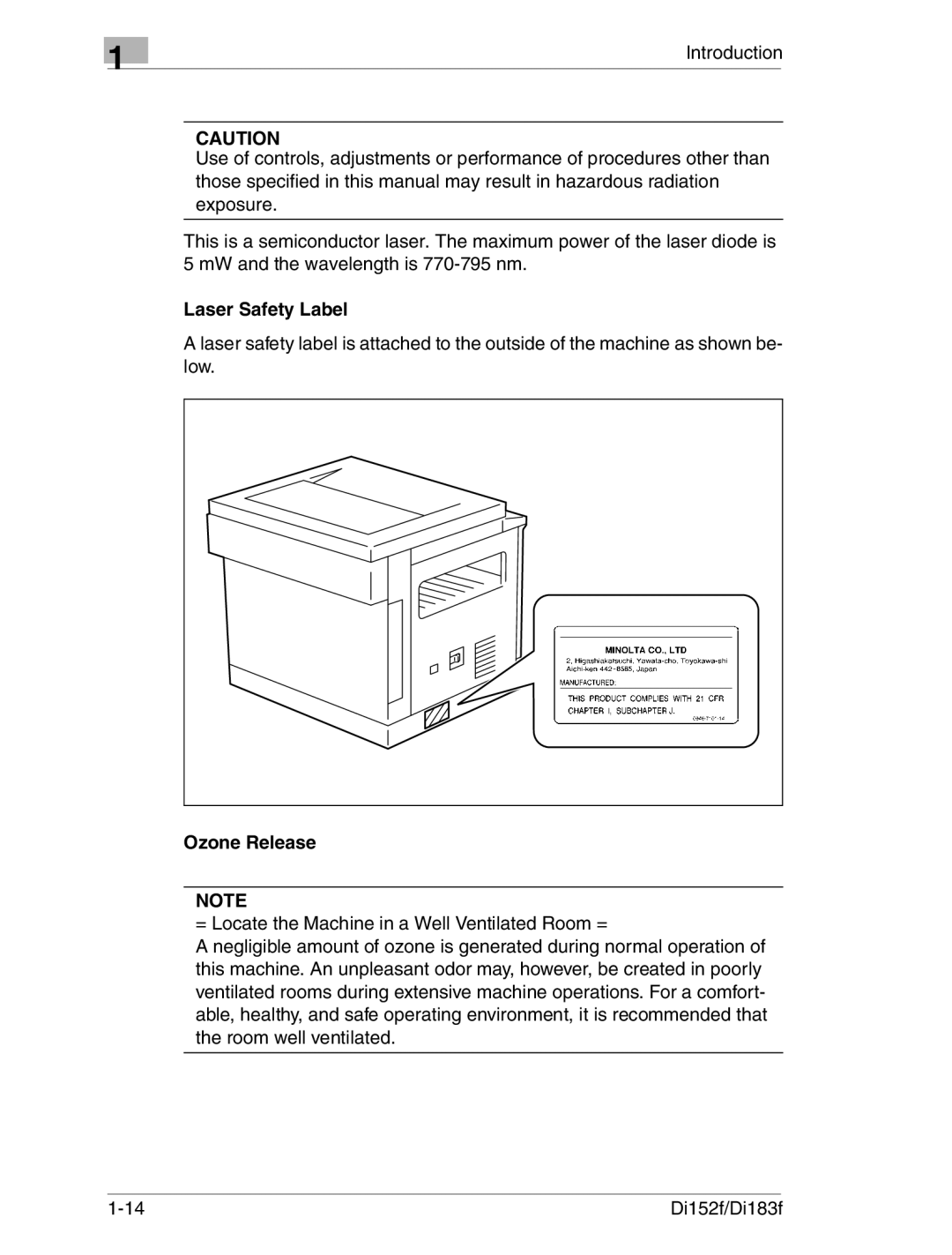 Minolta Di152 183 manual Laser Safety Label, Ozone Release 