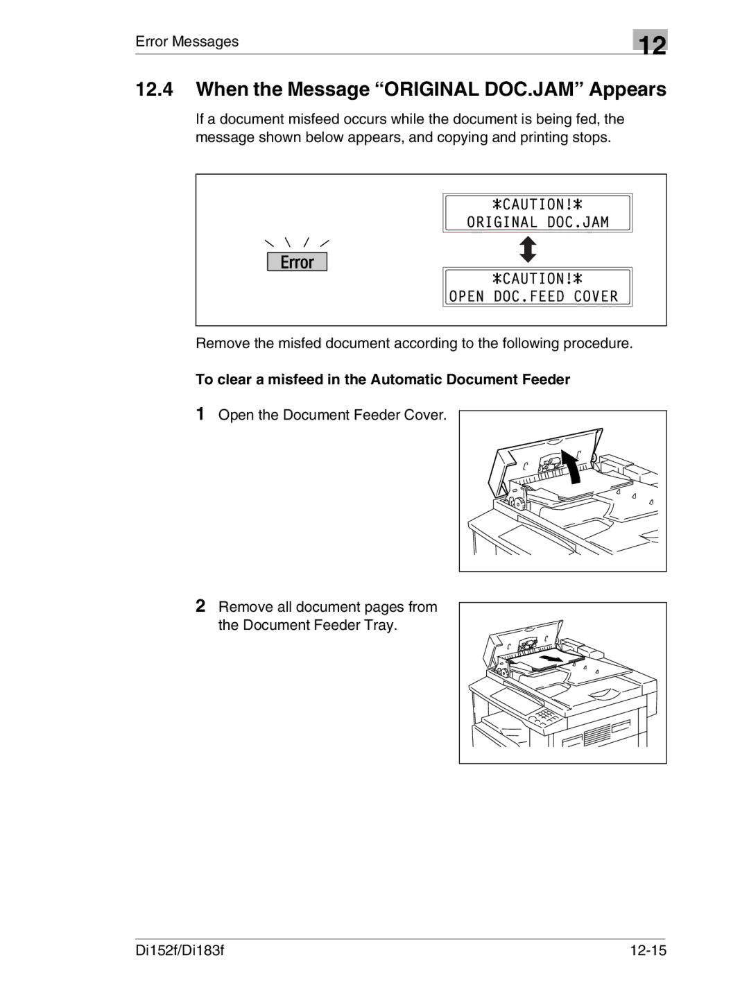 Minolta Di152 183 manual When the Message Original DOC.JAM Appears, To clear a misfeed in the Automatic Document Feeder 