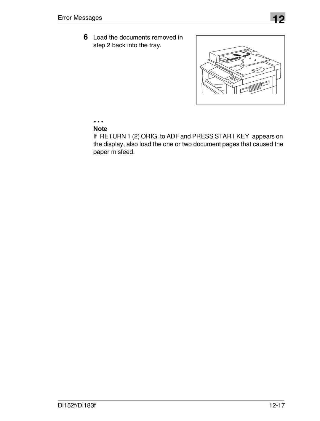 Minolta Di152 183 manual Error Messages Load the documents removed Back into the tray, Di152f/Di183f 12-17 