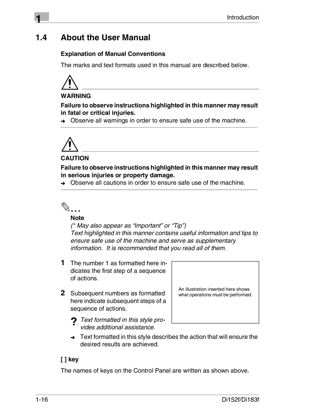 Minolta Di152 183 manual Explanation of Manual Conventions, Here indicate subsequent steps of a Sequence of actions, Key 