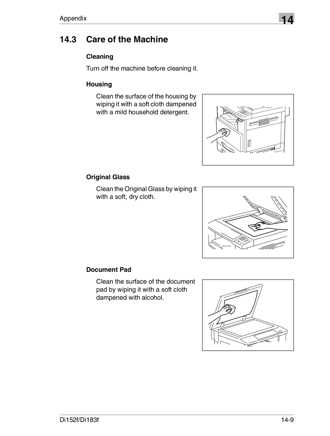 Minolta Di152 183 manual Care of the Machine, Cleaning, Housing, Original Glass, Document Pad 