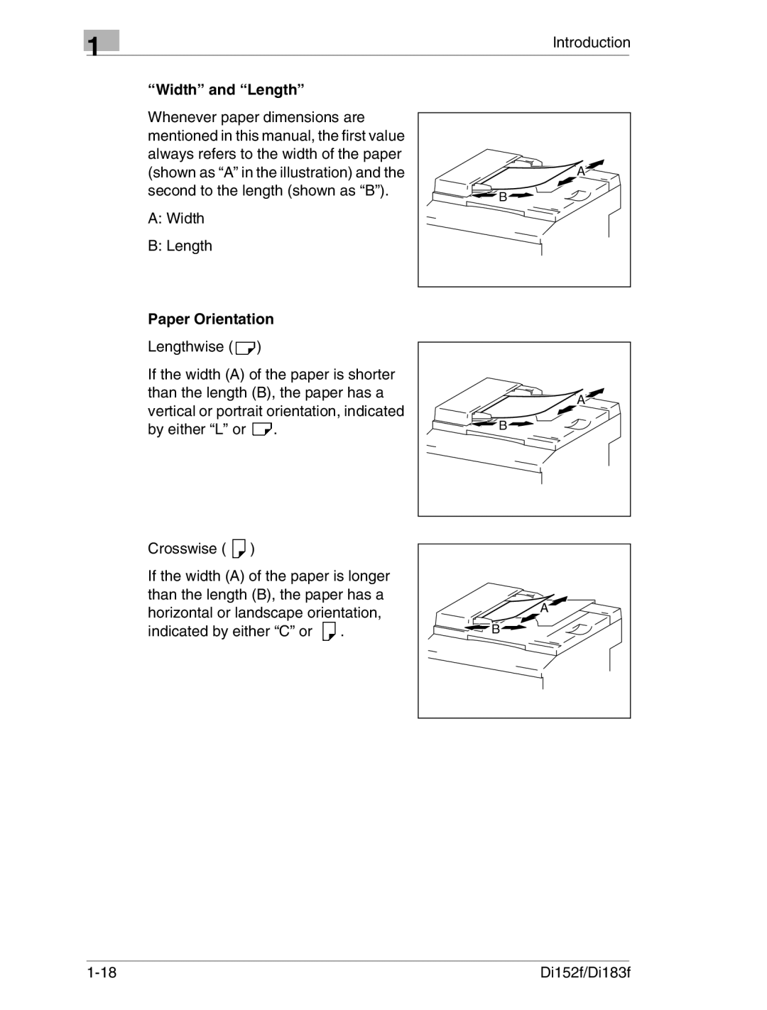 Minolta Di152 183 manual Width and Length, Width Length, Paper Orientation 