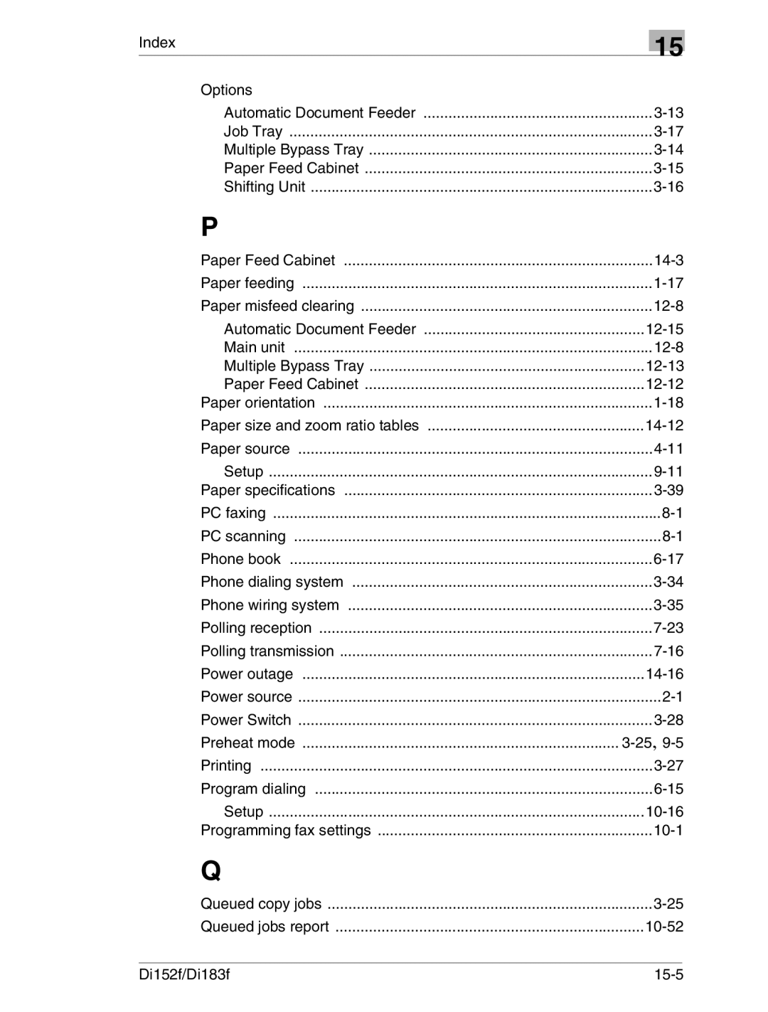 Minolta Di152 183 manual Index Options, 12-12, 14-12, 14-16, Di152f/Di183f 15-5 