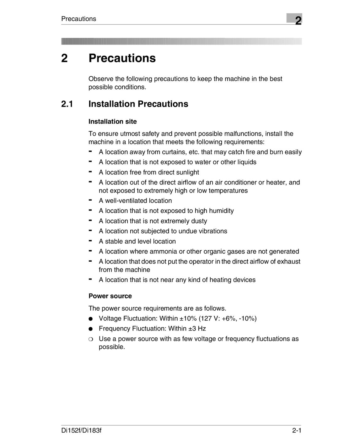 Minolta Di152 183 manual Installation Precautions, Installation site, Power source 