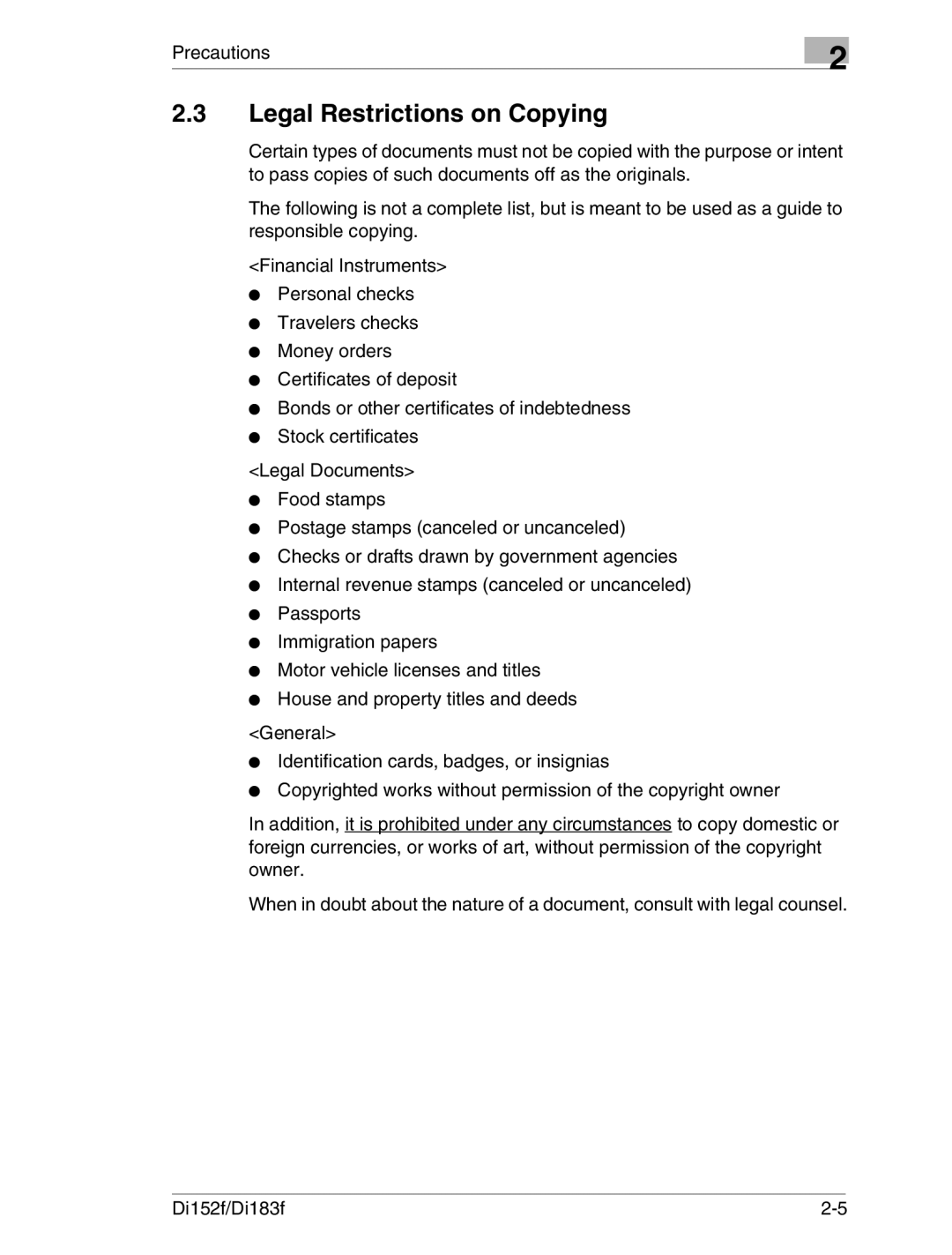 Minolta Di152 183 manual Legal Restrictions on Copying 