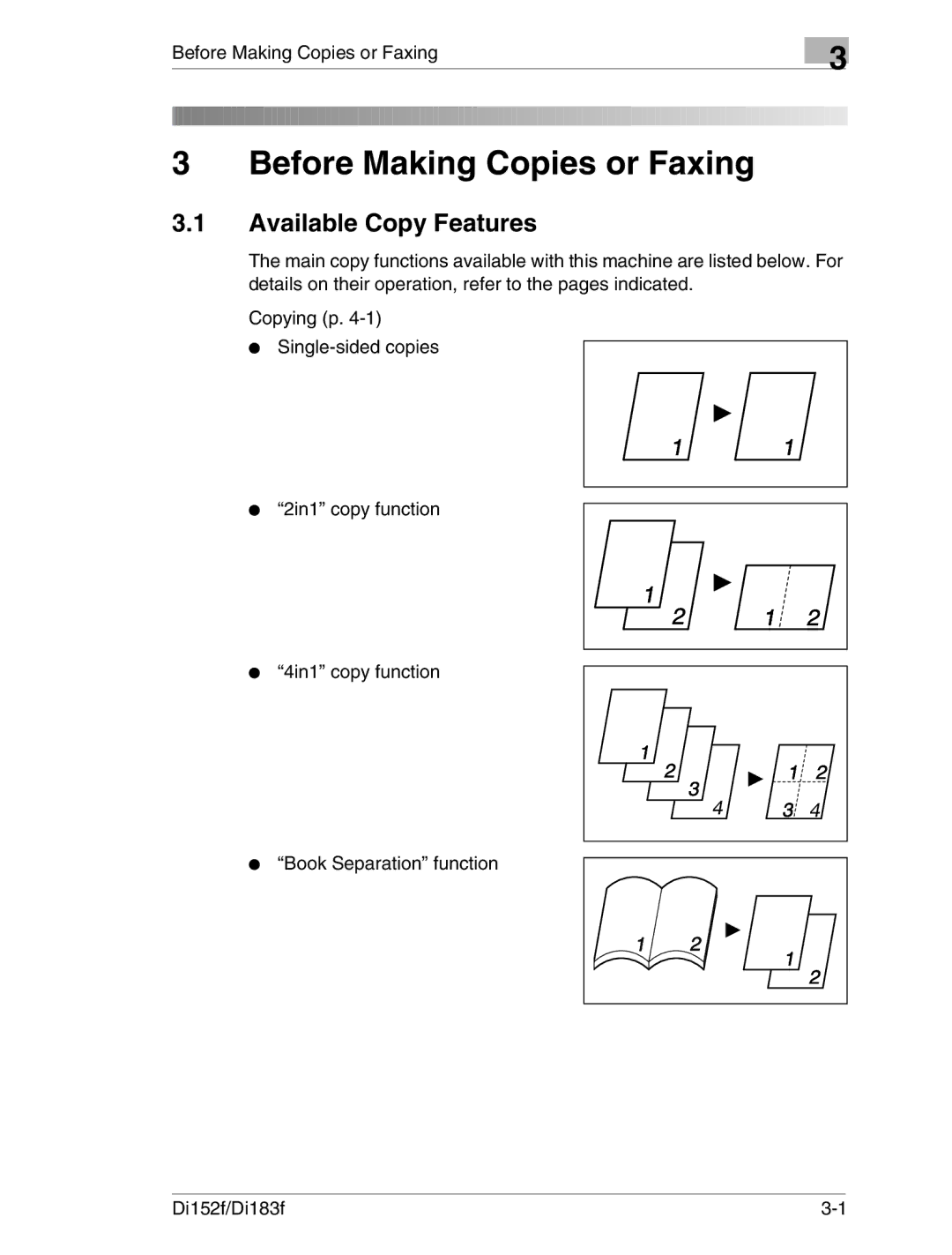 Minolta Di152 183 manual Available Copy Features, Before Making Copies or Faxing 