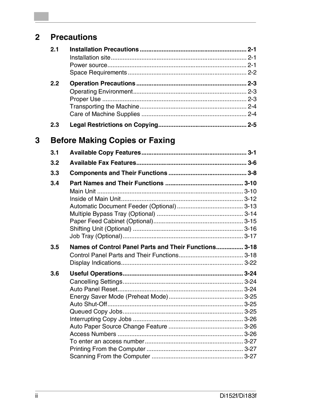 Minolta Di152 183 manual Precautions, Before Making Copies or Faxing, Names of Control Panel Parts and Their Functions 