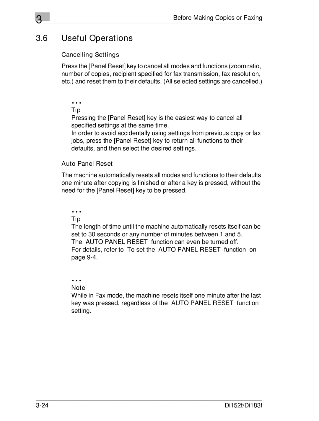 Minolta Di152 183 manual Useful Operations, Cancelling Settings, Tip, Auto Panel Reset 