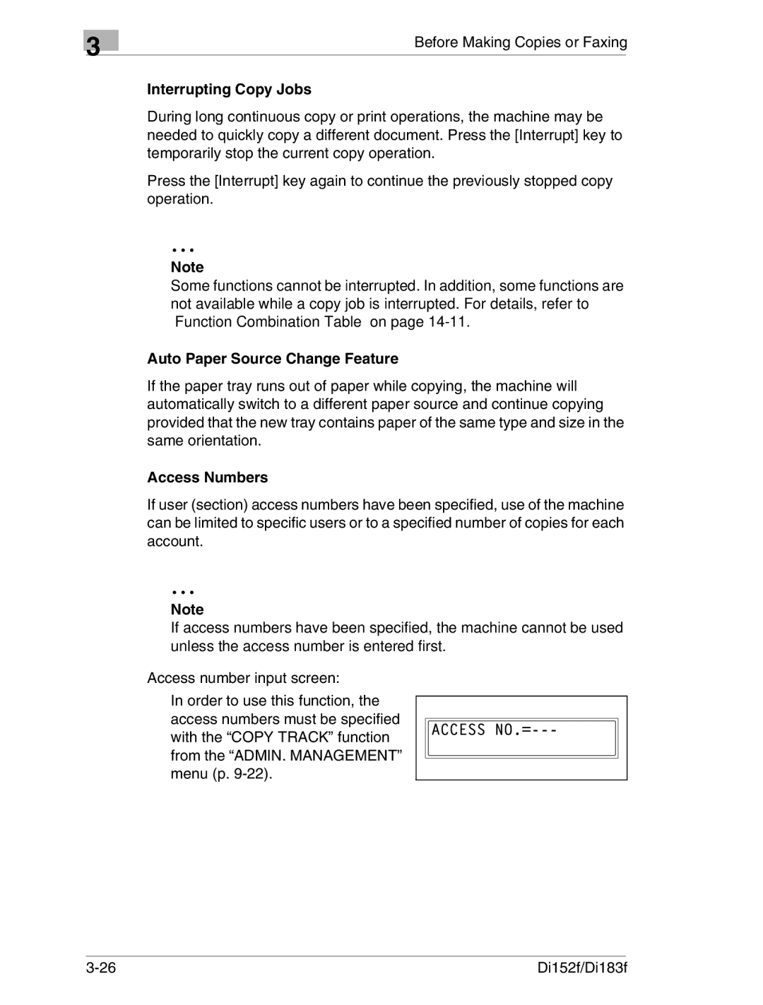 Minolta Di152 183 manual Interrupting Copy Jobs, Auto Paper Source Change Feature, Access Numbers 