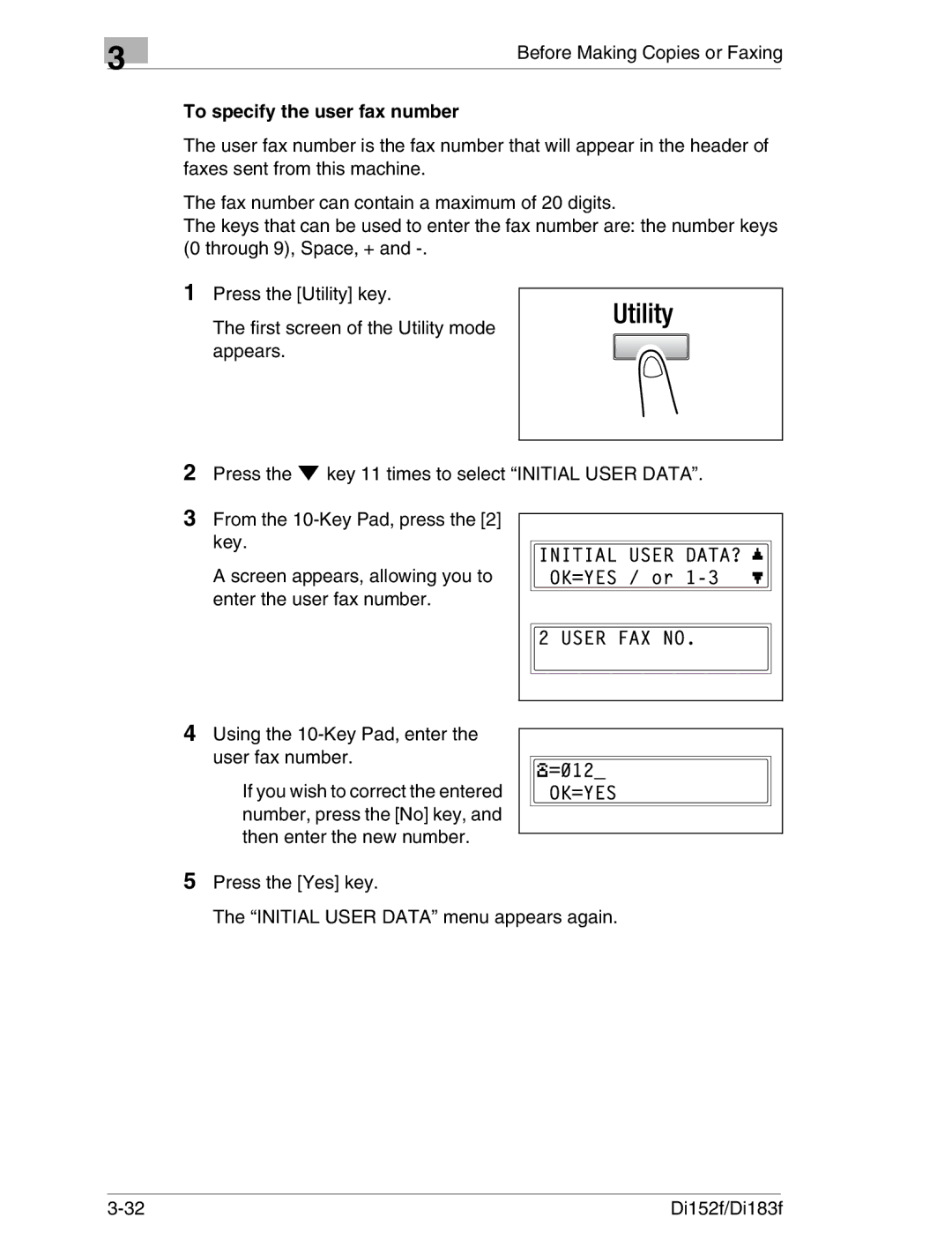 Minolta Di152 183 manual To specify the user fax number 