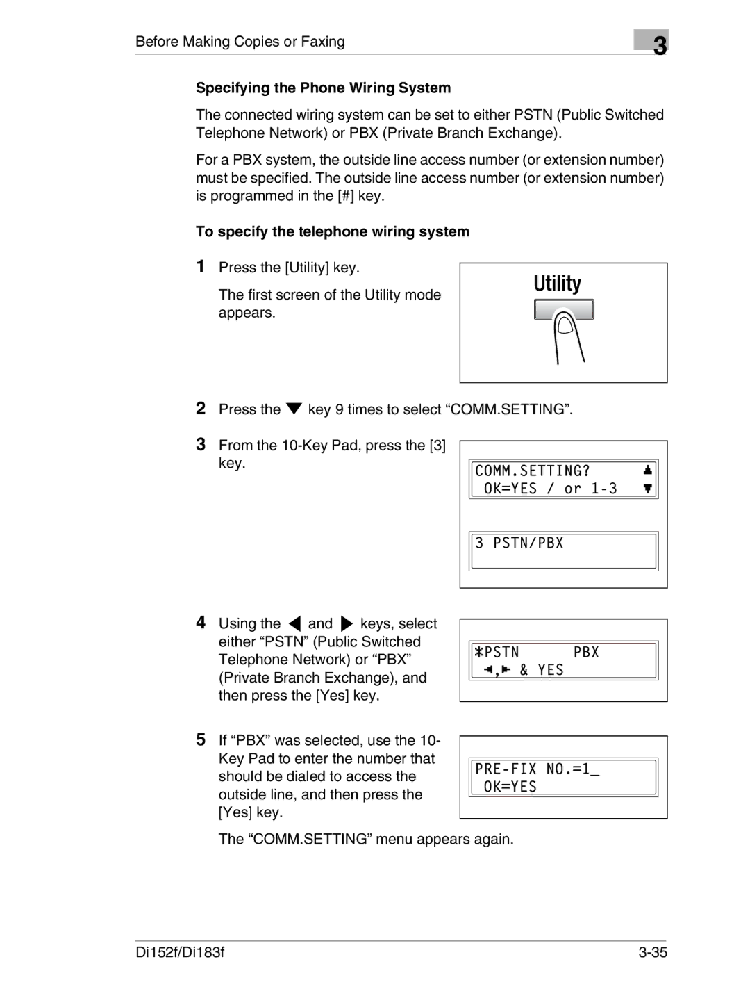 Minolta Di152 183 manual Specifying the Phone Wiring System, To specify the telephone wiring system 